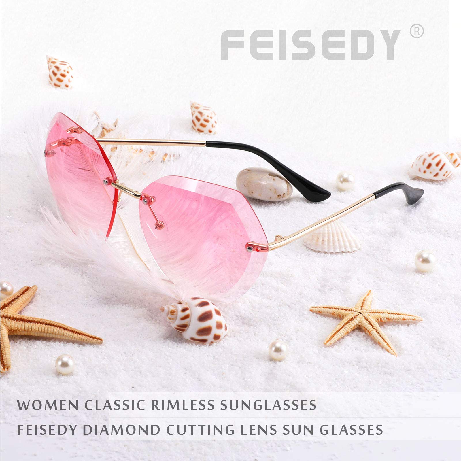 FEISEDY Women's Oversized Rimless Sunglasses with Diamond-Cut Lenses - UV Protection Fashion Shades for Driving, Beach & Outdoor Activities B2569