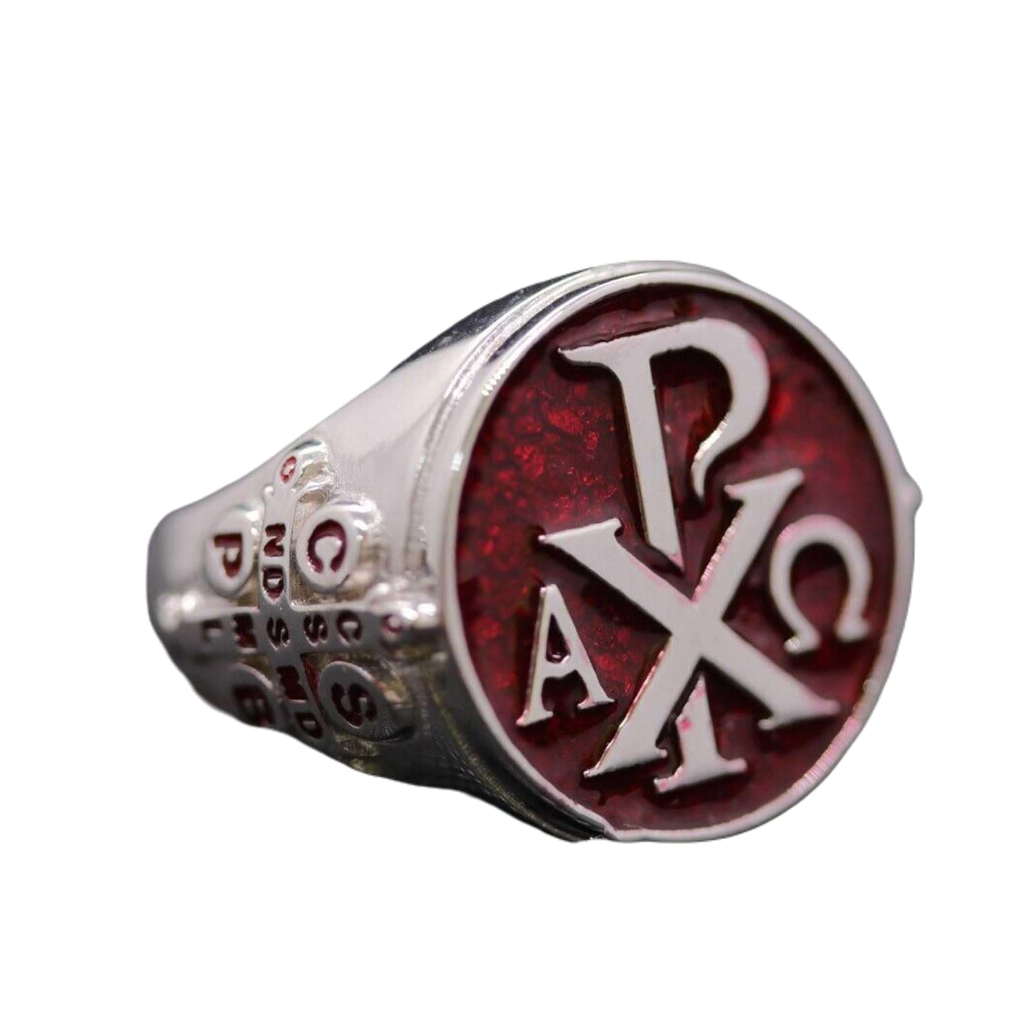 Alpha Omega Chi Rho 925 Sterling Silver Signet Ring for Men - Red Enamel Heavy Silver Ring, Religious Jewelry Gift for Boys, Christmas Present - Perfect for Weddings, Baptisms & Everyday Wear