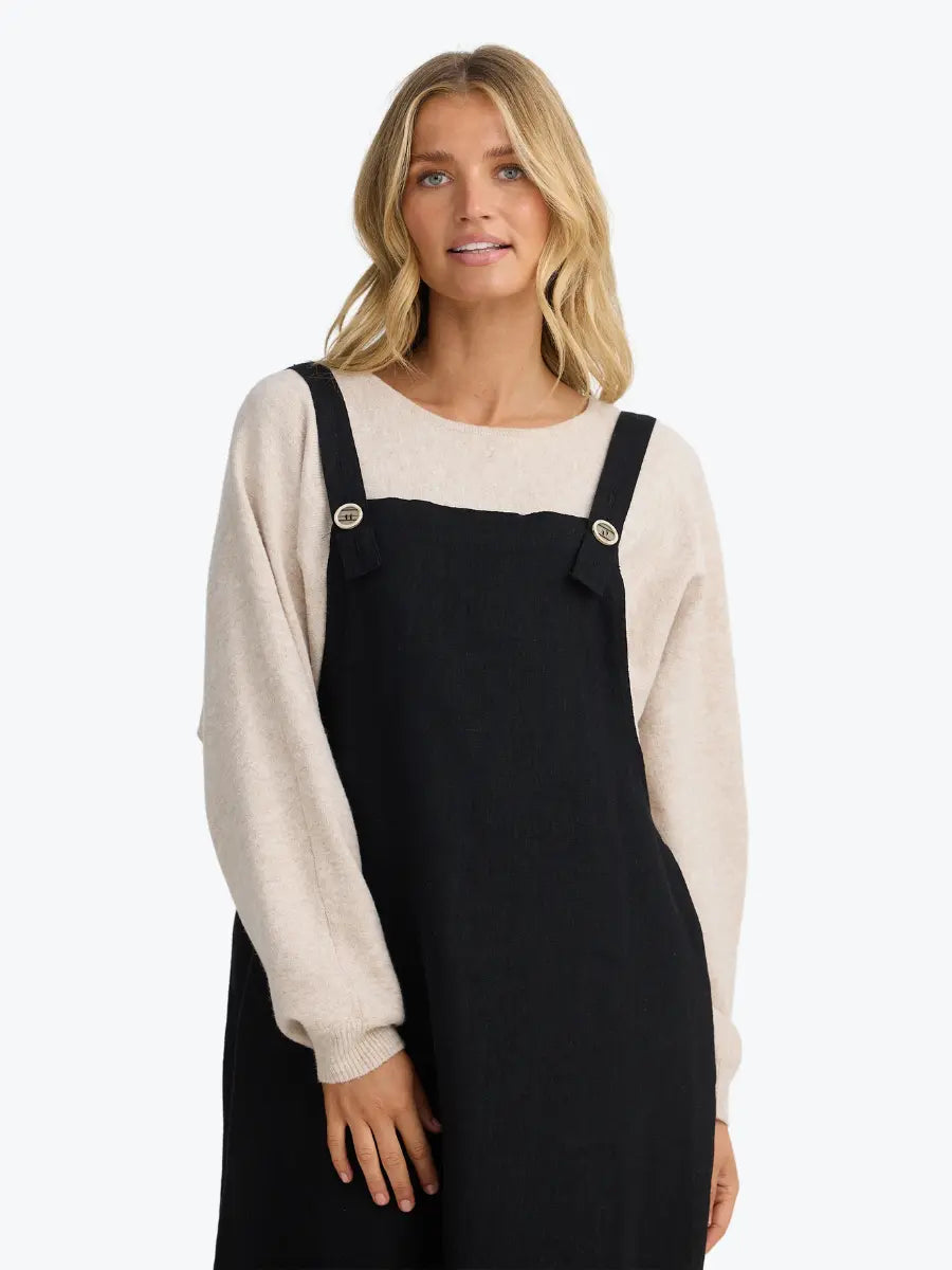 Shanty SH25045 Women's Black Linen Pinafore Dress with Seasame Print - Casual Summer Outfit for Beach, Picnic & Boho Style Fashion