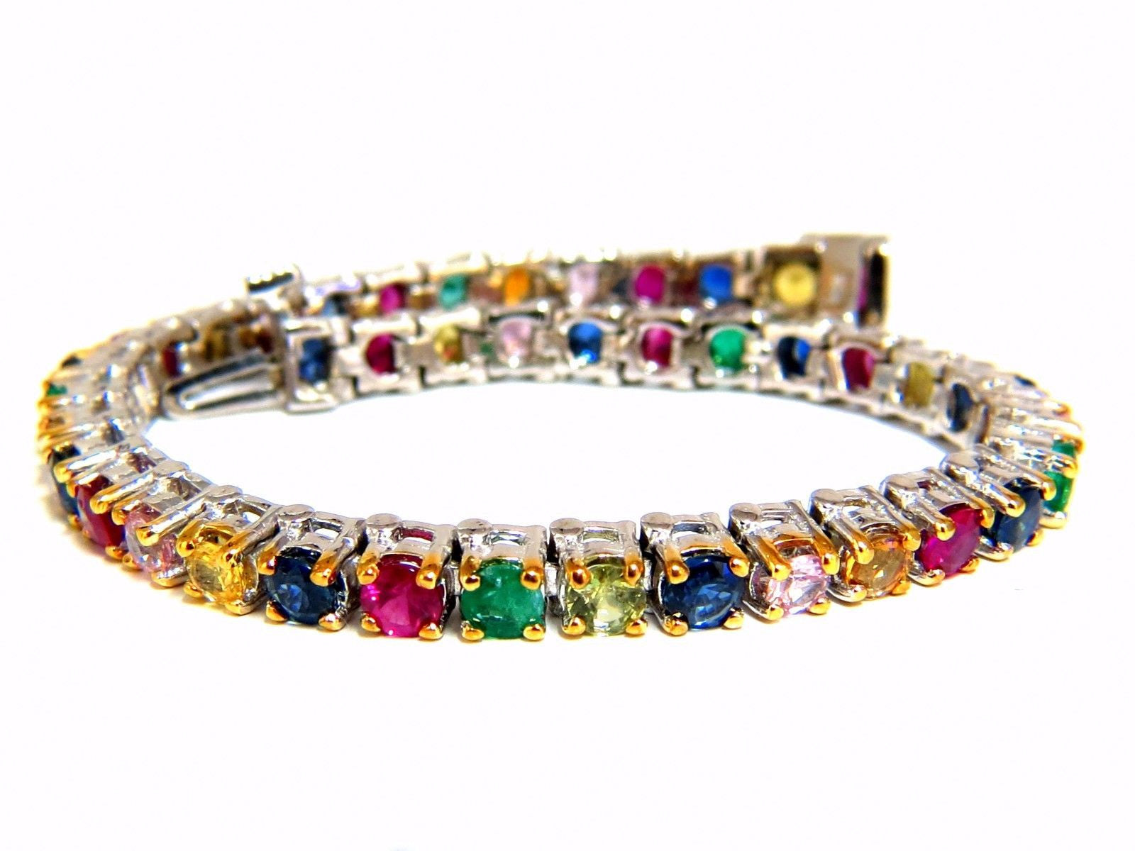 7.50ct Natural Ruby, Emerald & Sapphire Diamond Tennis Bracelet in 14K Gold - Elegant Jewelry for Women, Perfect for Weddings, Parties & Special Occasions
