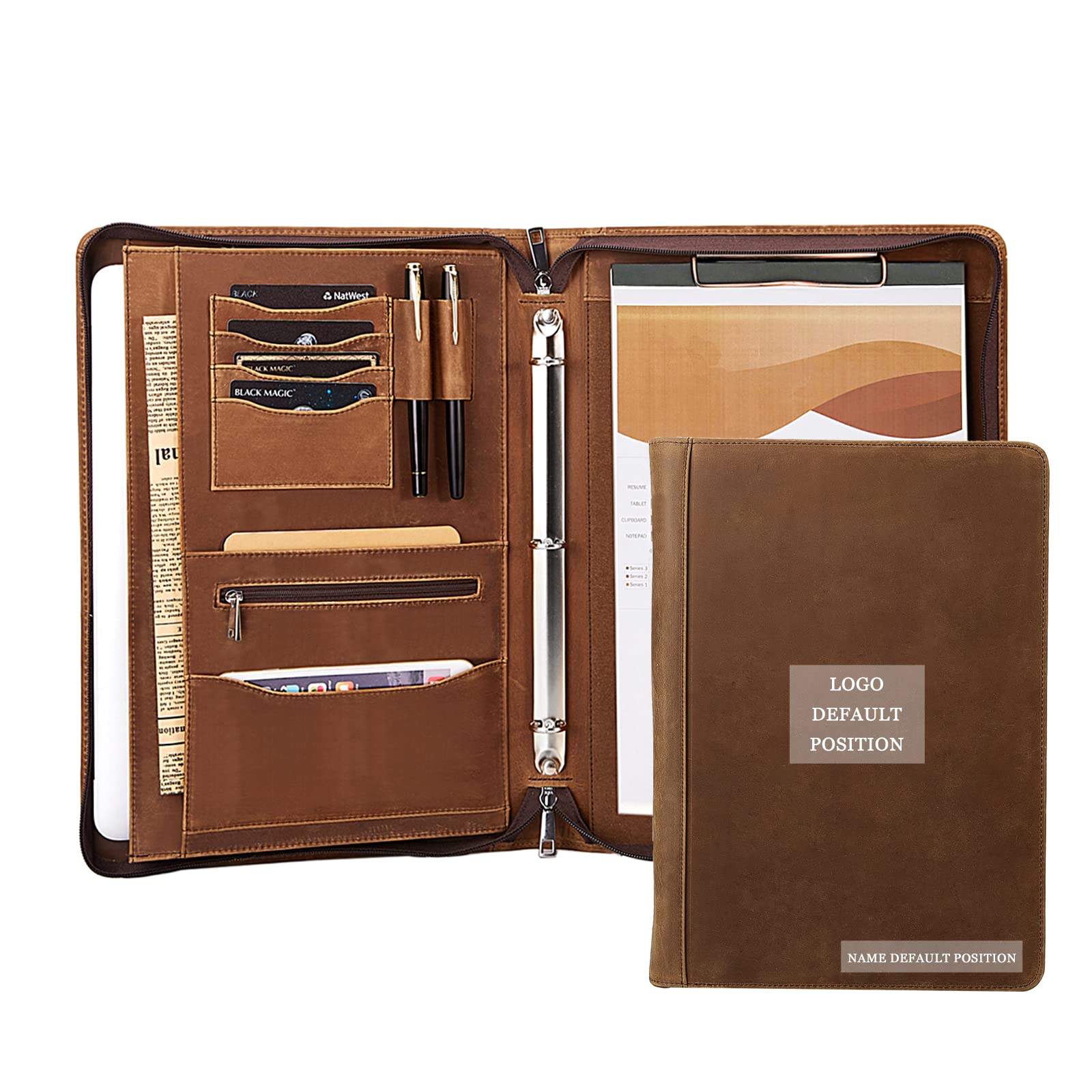 Personalized Leather Portfolio 3-Ring Binder with Zipper - Fits 13.3