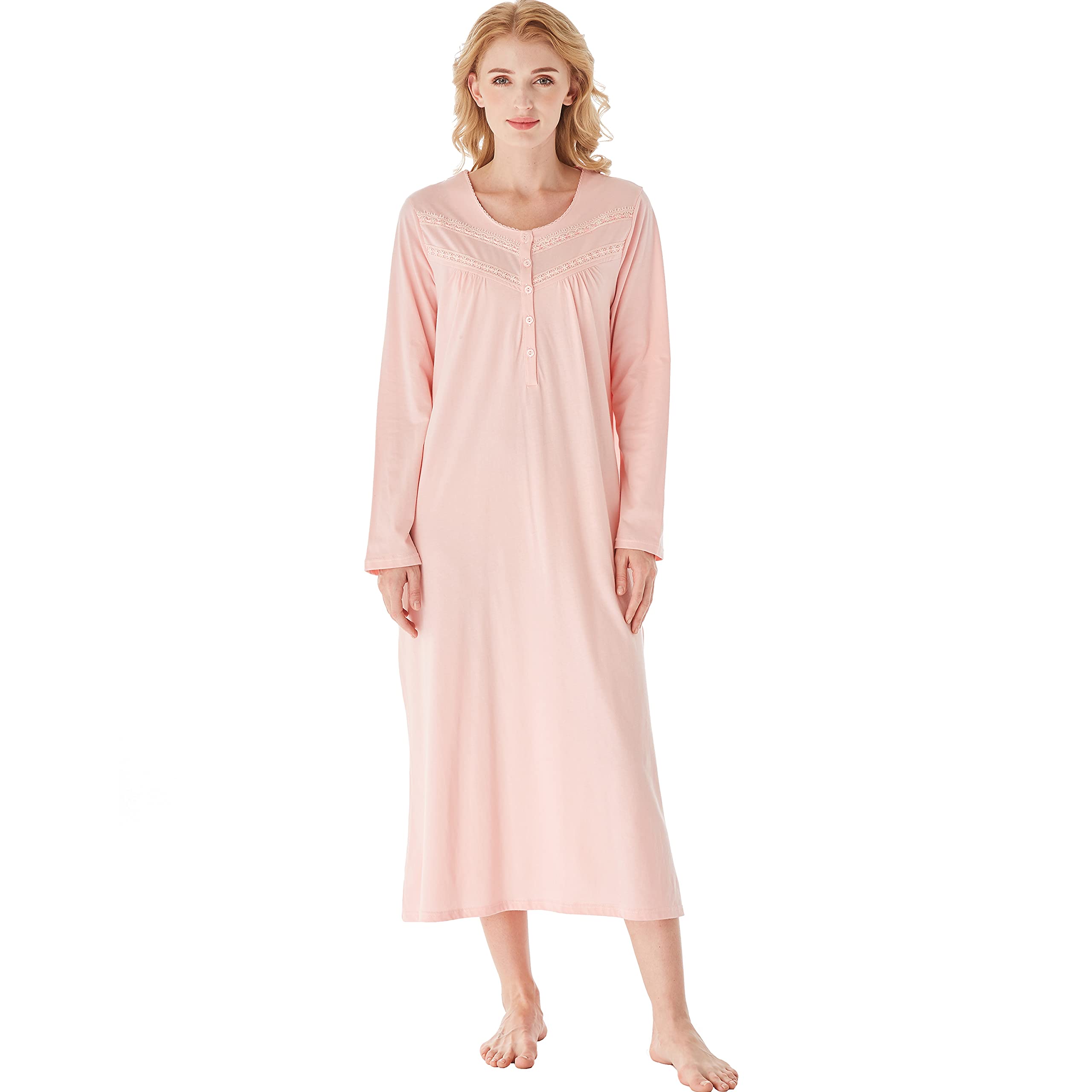 Keyocean Women's Soft Cotton Long Sleeve Nightgown - Comfortable Lightweight Sleepwear for Lounge & Bedtime - Perfect for Relaxing at Home or Overnight Travel