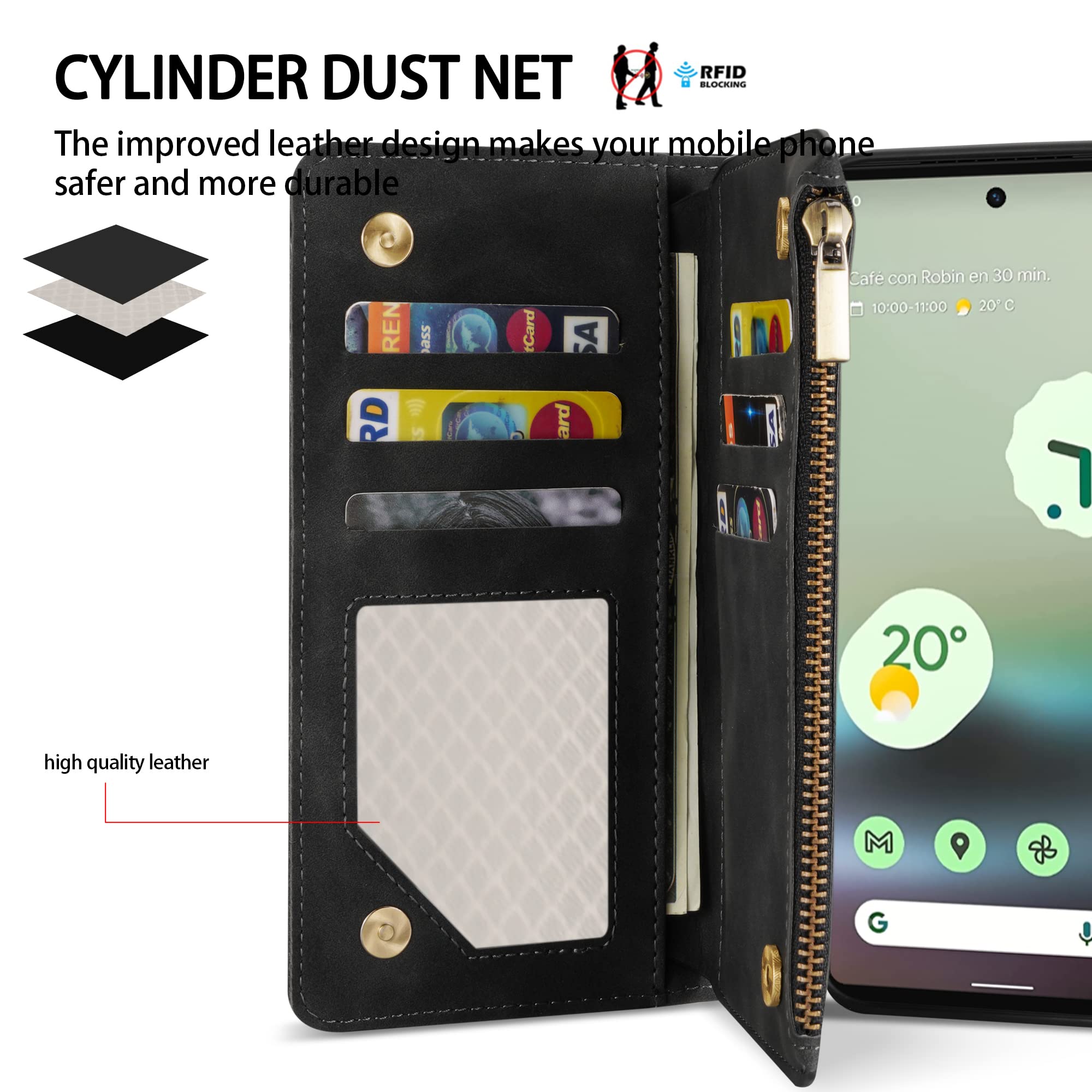Premium Soft PU Leather Zipper Flip Wallet Case with RFID Blocking & Kickstand for Google Pixel 6A (6.1 inch Black) - Protective Cover with Wrist Strap, Perfect for Travel, Work & Everyday Use