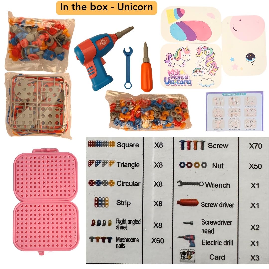 STEM Educational Toys for Kids Ages 3-6 | 3D Screw Puzzle Set with Electric Drill & Buttons | DIY Construction Building Blocks for Toddlers | Preschool Learning Toys | Perfect Gift for Boys & Girls (Unicorn Theme) - Great for Classroom Activities, Birthday Gifts & Early Childhood Development