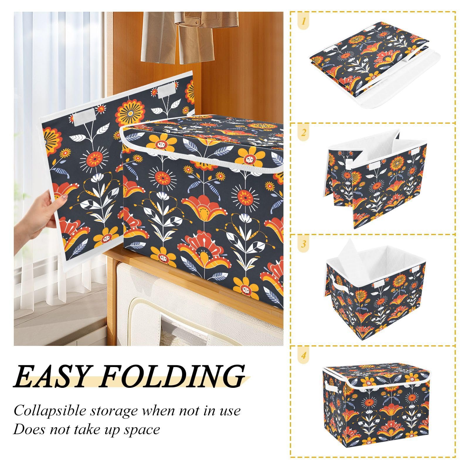 Floral Pattern Fabric Storage Bins with Lids - Foldable Collapsible Organizer Containers for Home, Bedroom, Closet & Office - Perfect for Seasonal Decor, Laundry, and Toy Storage