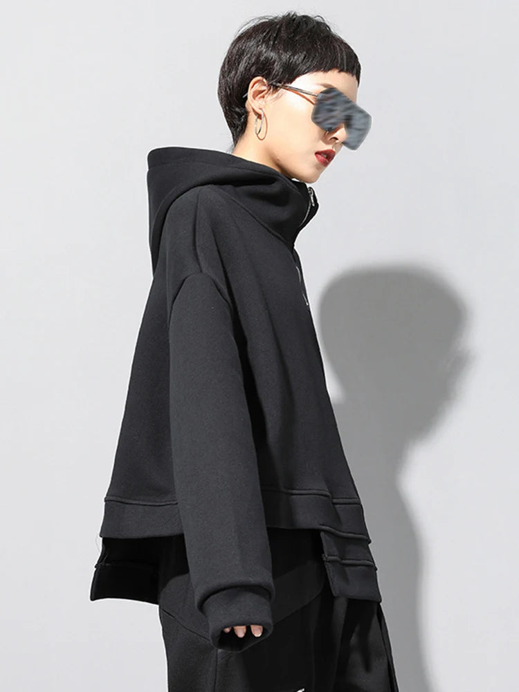 Black Distressed Hem Zip-Up Hoodie for Women - Oversized Long Sleeve Pullover Sweatshirt | Trendy Streetwear for Spring & Fall 2025 | Perfect for Casual Outfits, Layering, and Everyday Comfort