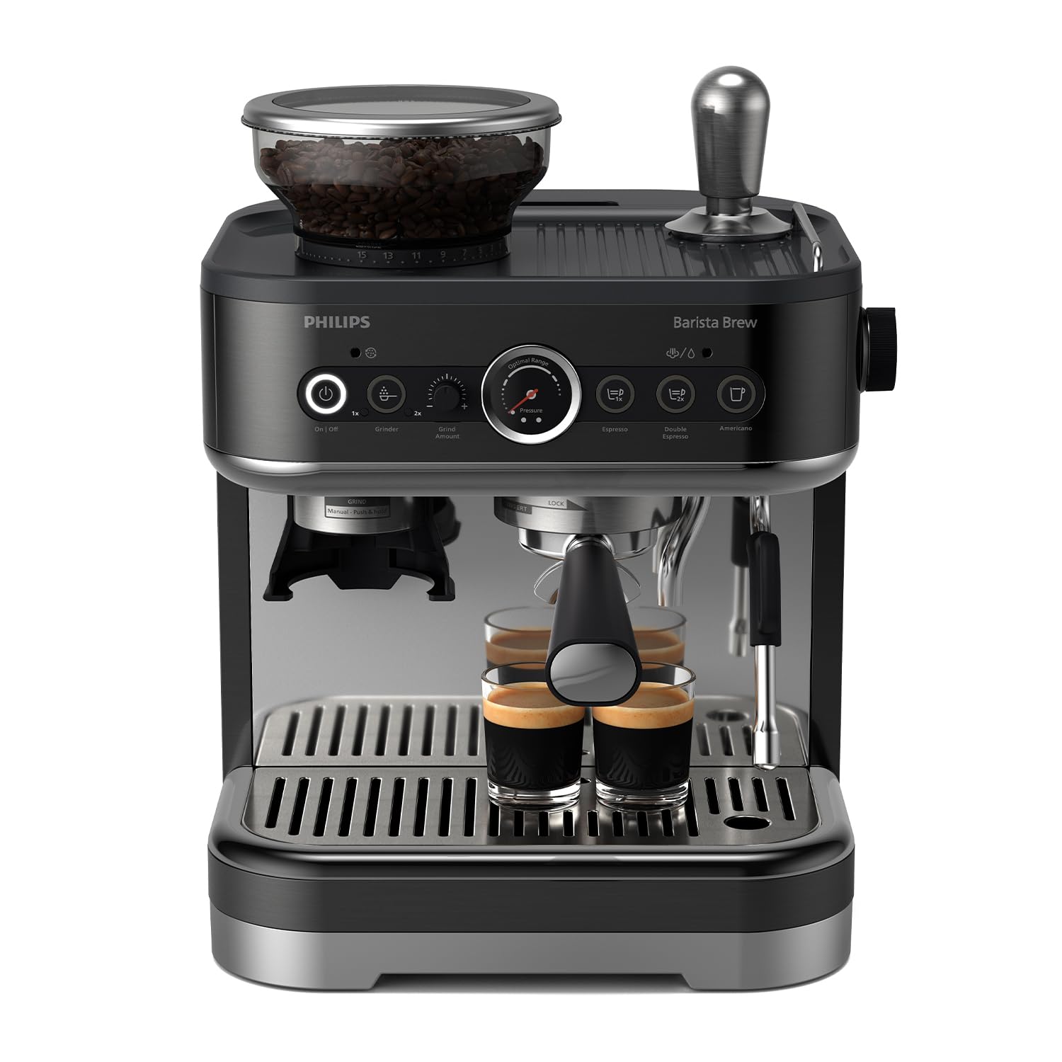 **PHILIPS Barista Brew Semi Automatic Espresso Machine - Single & Double Shot, Americano Button, 250g Bean Hopper, Intuitive LCD Display, Calibrated Tamping, Black Metal (PSA3218/10) - Perfect for Home Baristas & Coffee Enthusiasts**