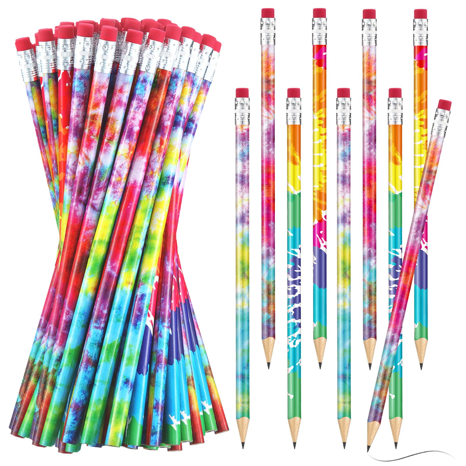 Vibrant Tie-Dye & Solid Color Wooden Pencils with Erasers - 48 Pack Rainbow Gradient Drawing Pencils for Sketching, Coloring, School, Office & Classroom Learning Activities | Perfect for Art Projects, Note Taking & Creative Gift Ideas