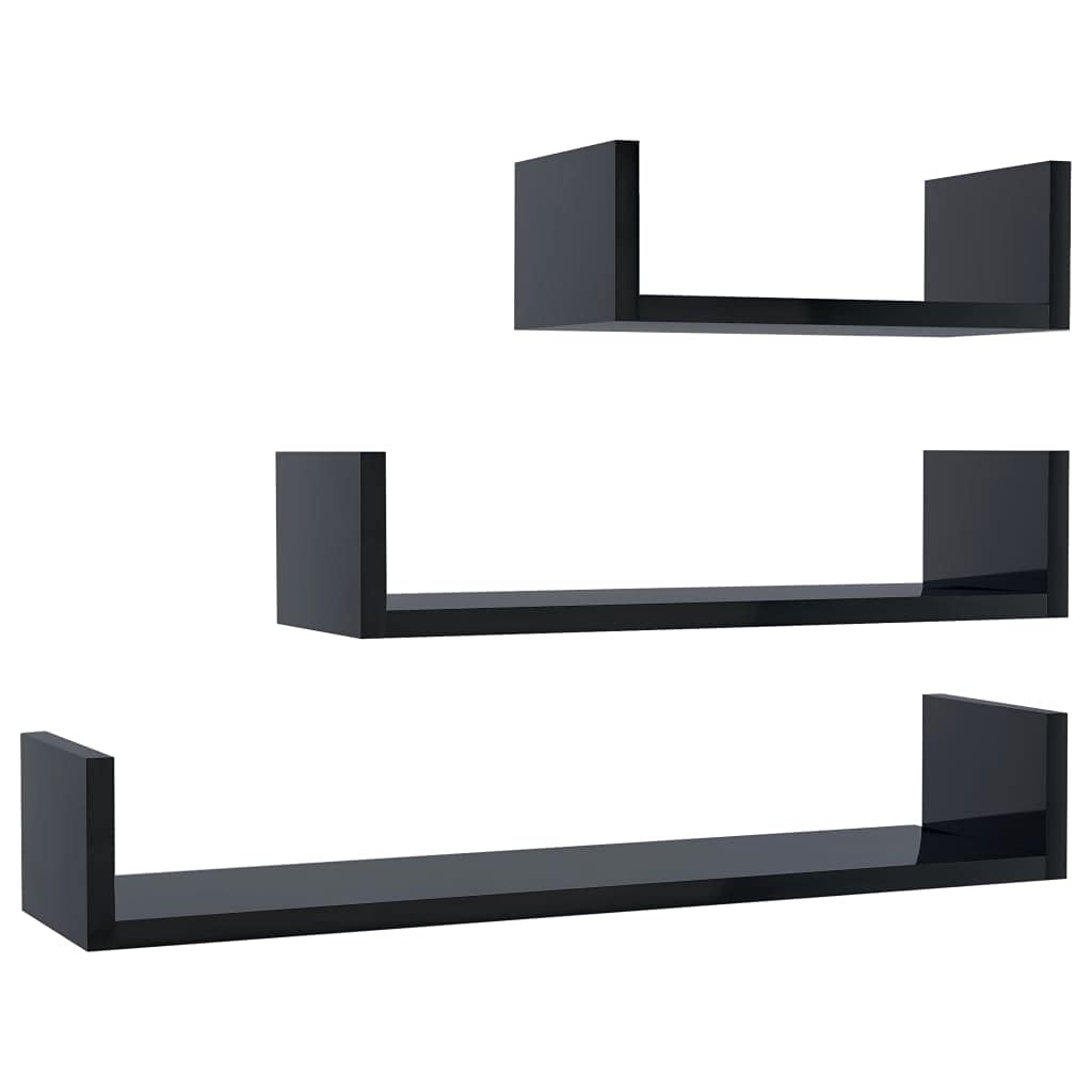 3-Piece Wall Display Shelf Set - Floating Wall Mounted Shelves for Storage - High Gloss Black Chipboard - Perfect for Bedroom, Living Room, Bathroom, Kitchen & Office Organization