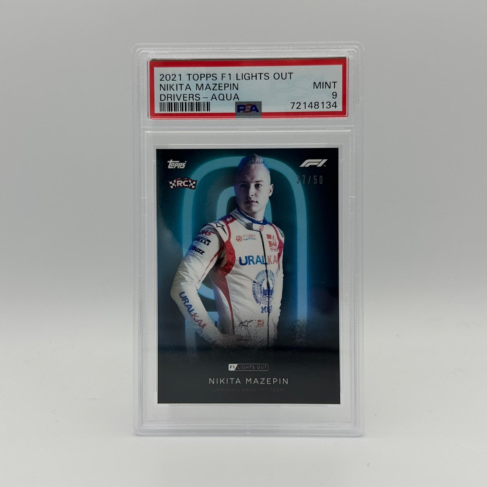 PSA 9 Graded 37/50 Nikita Mazepin Formula 1 Racing Driver Card - Aqua Parallel Parallel - Perfect for Collectors, Sports Memorabilia Enthusiasts, and F1 Racing Fans