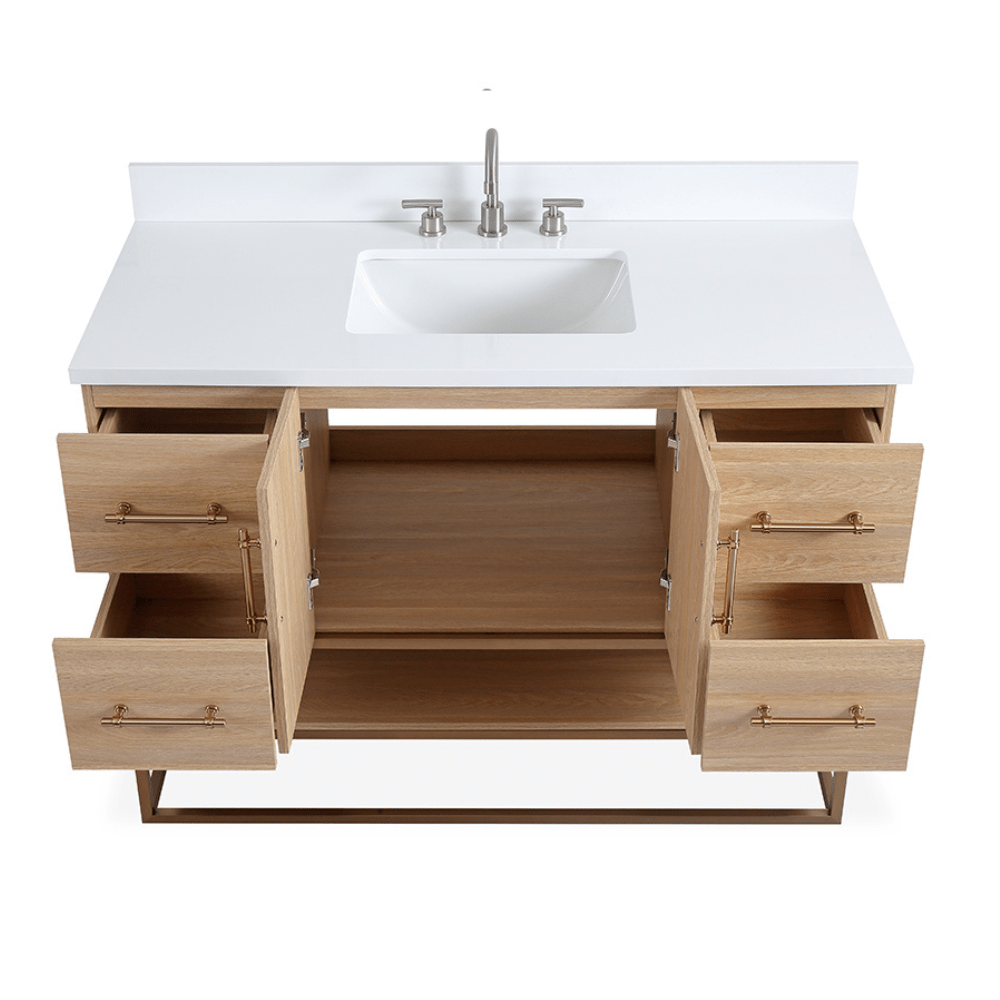 48 Inch Light Oak Lima Single Sink Bathroom Vanity with Open Shelf & Gold Leg Base - Modern Farmhouse Bathroom Storage for Small Spaces