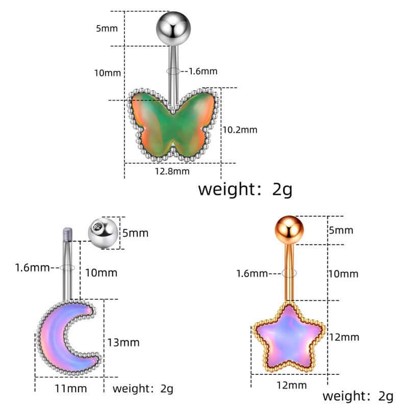Glow in the Dark Belly Button Rings - Moon Star Design | Body Jewelry for Women | Perfect for Night Parties, Raves & Unique Fashion Looks