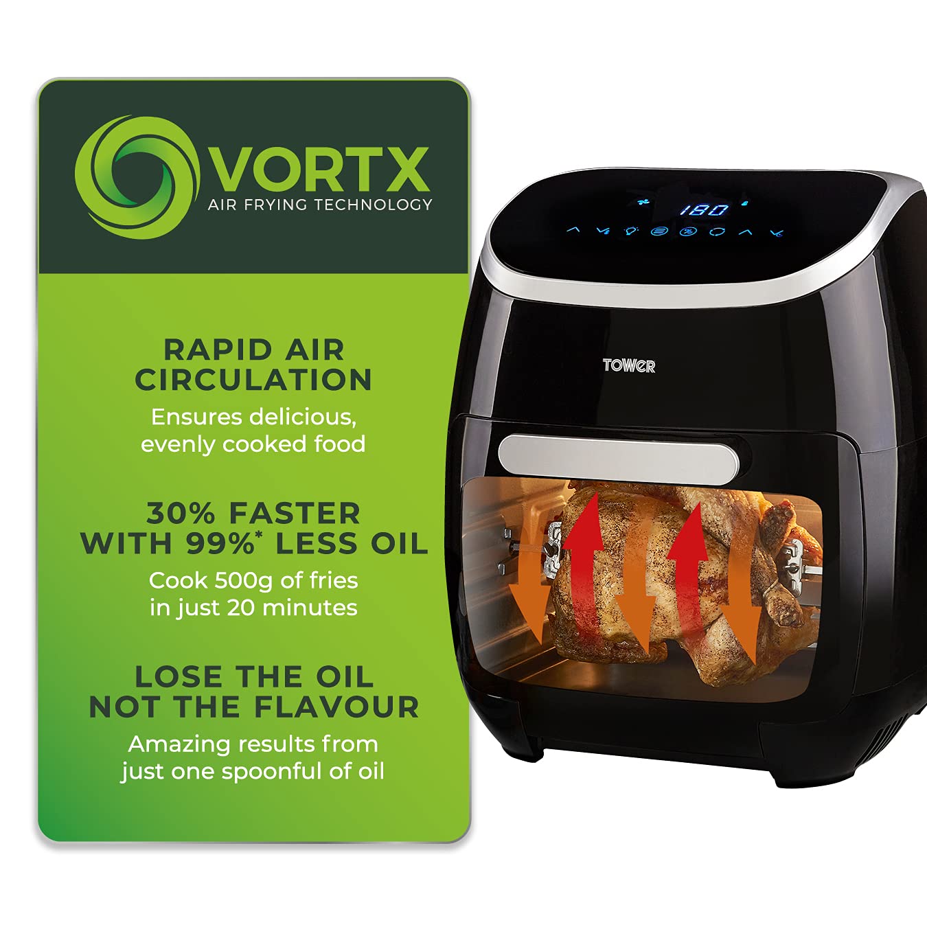 Tower T17039 Xpress Pro 5-in-1 Digital Air Fryer Oven - 11L Large Capacity, 2000W Rapid Air Circulation, 60-Minute Timer, Black - Perfect for Healthy Frying, Baking, Roasting & Reheating Meals for Family Gatherings