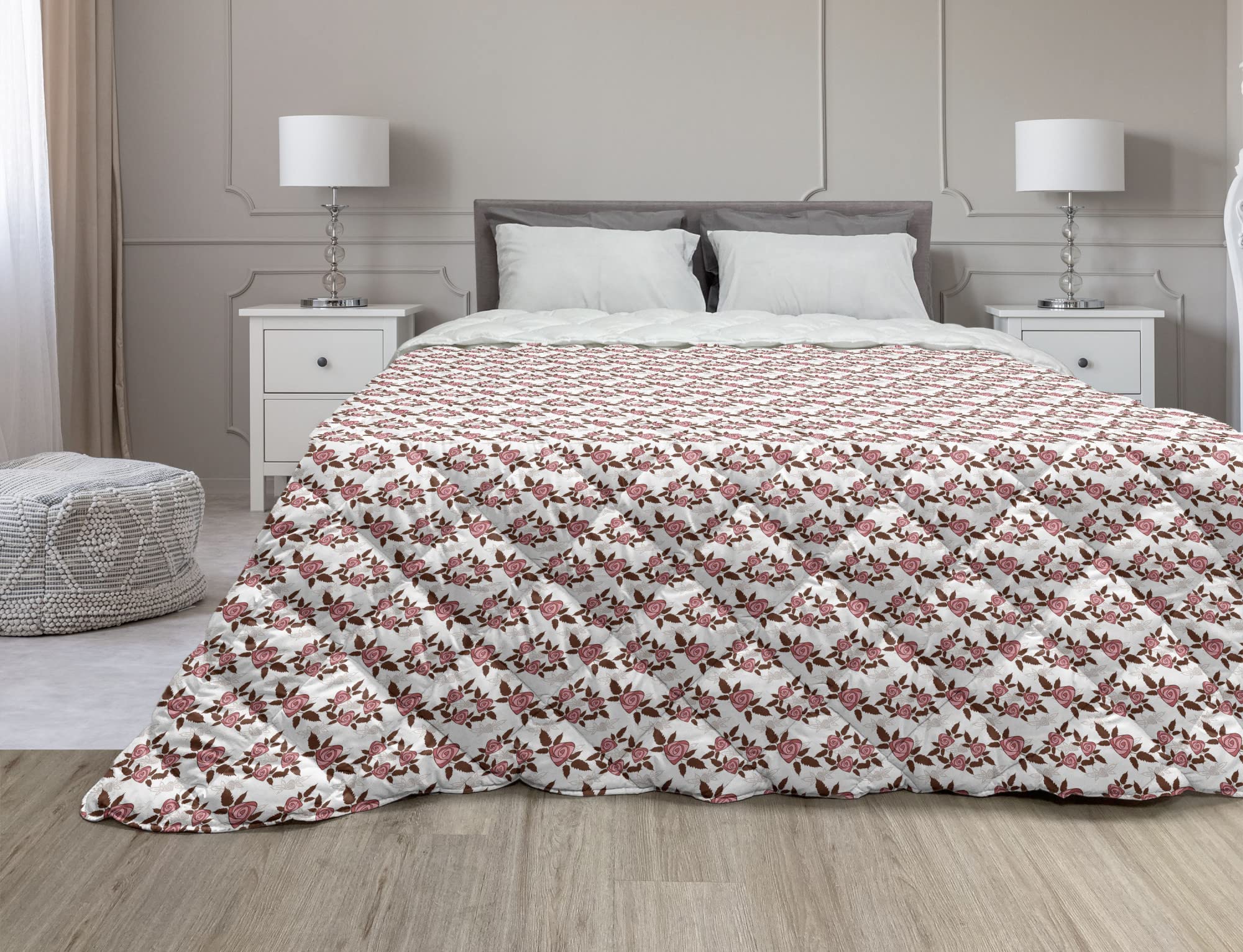 Ambesonne Valentine's Day Down Alternative Comforter - Rose Flower & Silhouette Pattern, All-Season Microfiber Quilt, Full Size in White Pale Pink & Redbrown - Perfect for Romantic Bedroom Decor, Guest Room, and Cozy Winter Nights