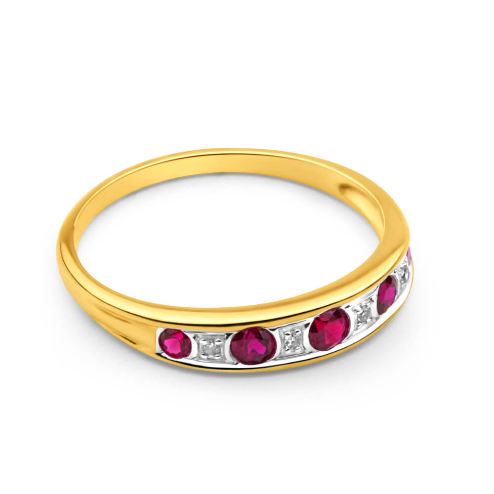 9ct Yellow Gold 5 Created Ruby and Diamond Graduated Ring for Women - Elegant Stackable Jewelry for Anniversary, Engagement & Special Occasions