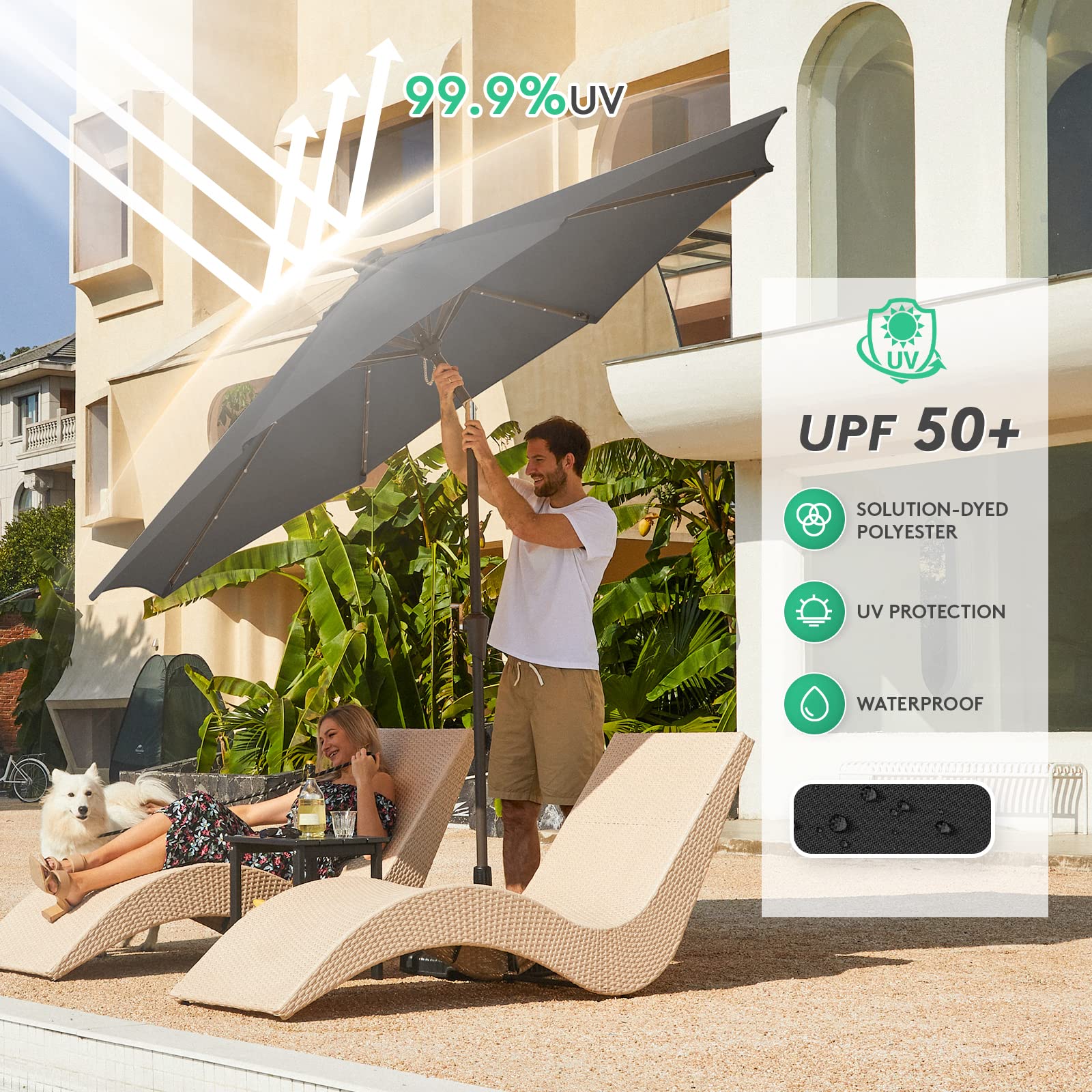 JEAREY 9FT Solar LED Patio Umbrella with Tilt Function - Waterproof Outdoor Table Umbrella for Poolside, Garden, Deck & Backyard (Black) - Perfect for Summer Parties, Beach Lounging & Outdoor Dining