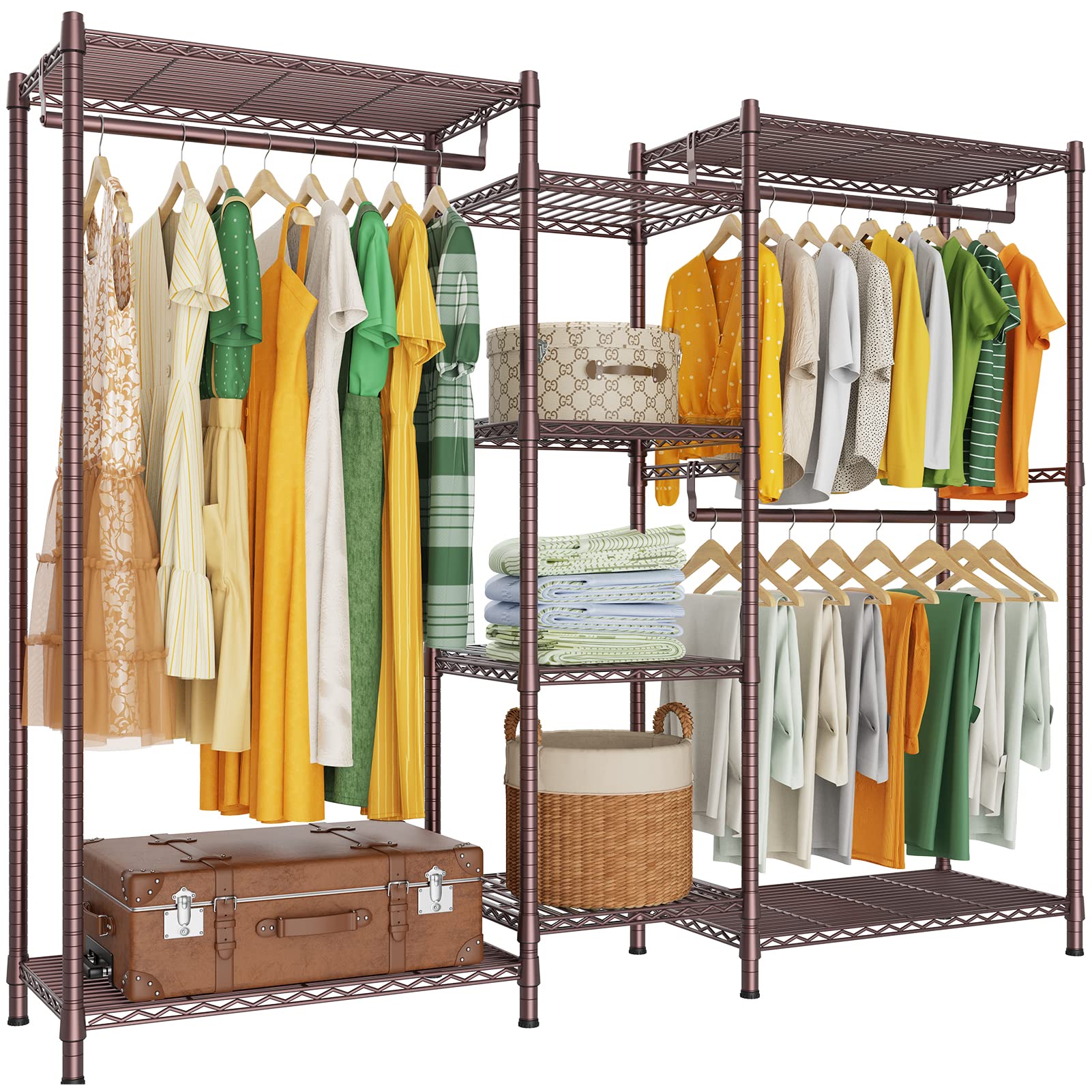 LEHOM G6 Heavy Duty Metal Garment Rack - Freestanding Clothes Storage with 3 Hanging Rods & 8 Shelves (4 Large + 4 Small) - Bronze Wardrobe Organizer for Bedroom, Closet, Laundry Room or Office