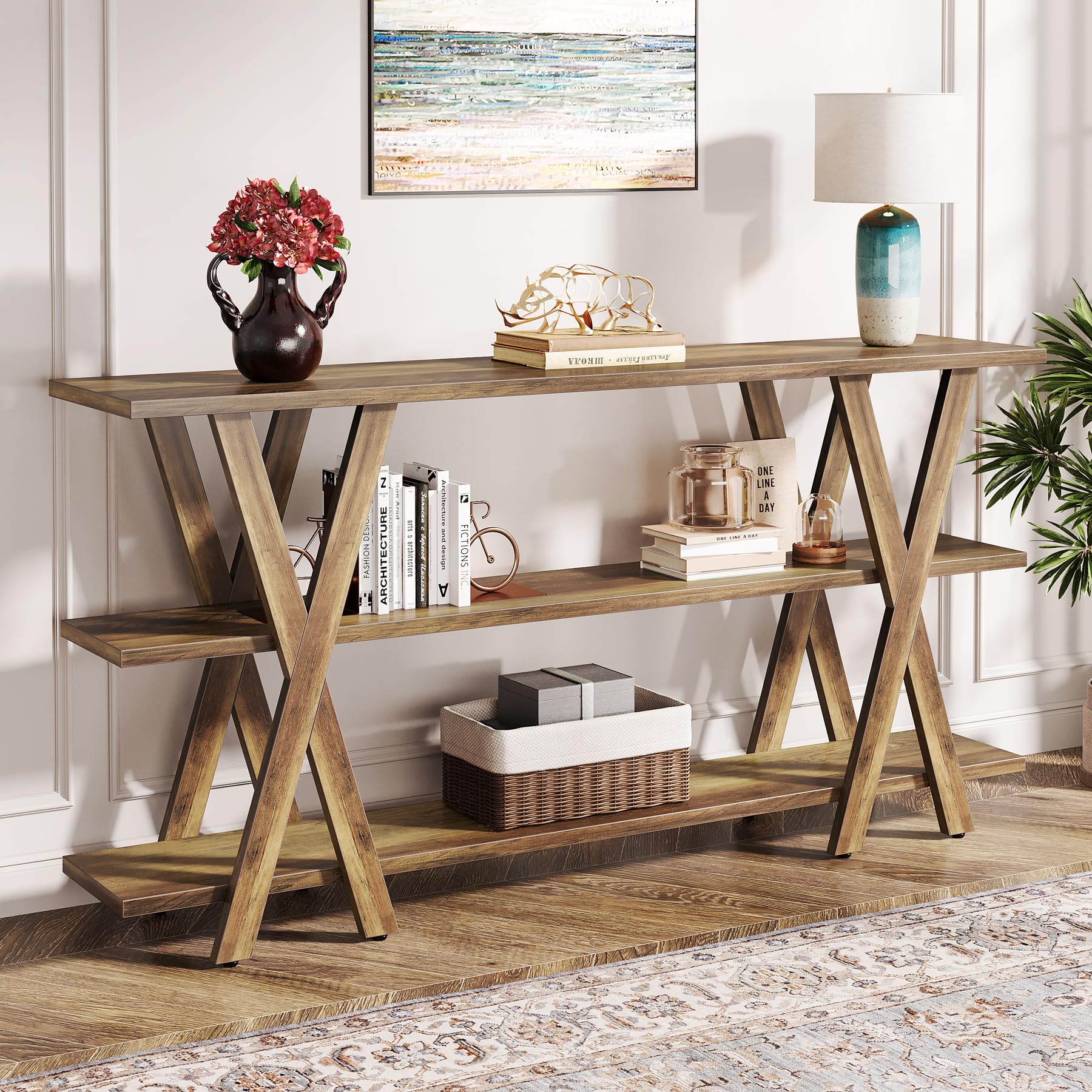 Tribesigns 70-Inch Wooden Console Table with 3-Tier Storage Shelves - Rustic Brown Farmhouse Sofa Table for Entryway, Living Room, Foyer & Hallway - Perfect for Home Decor, Storage & Displaying Decorations