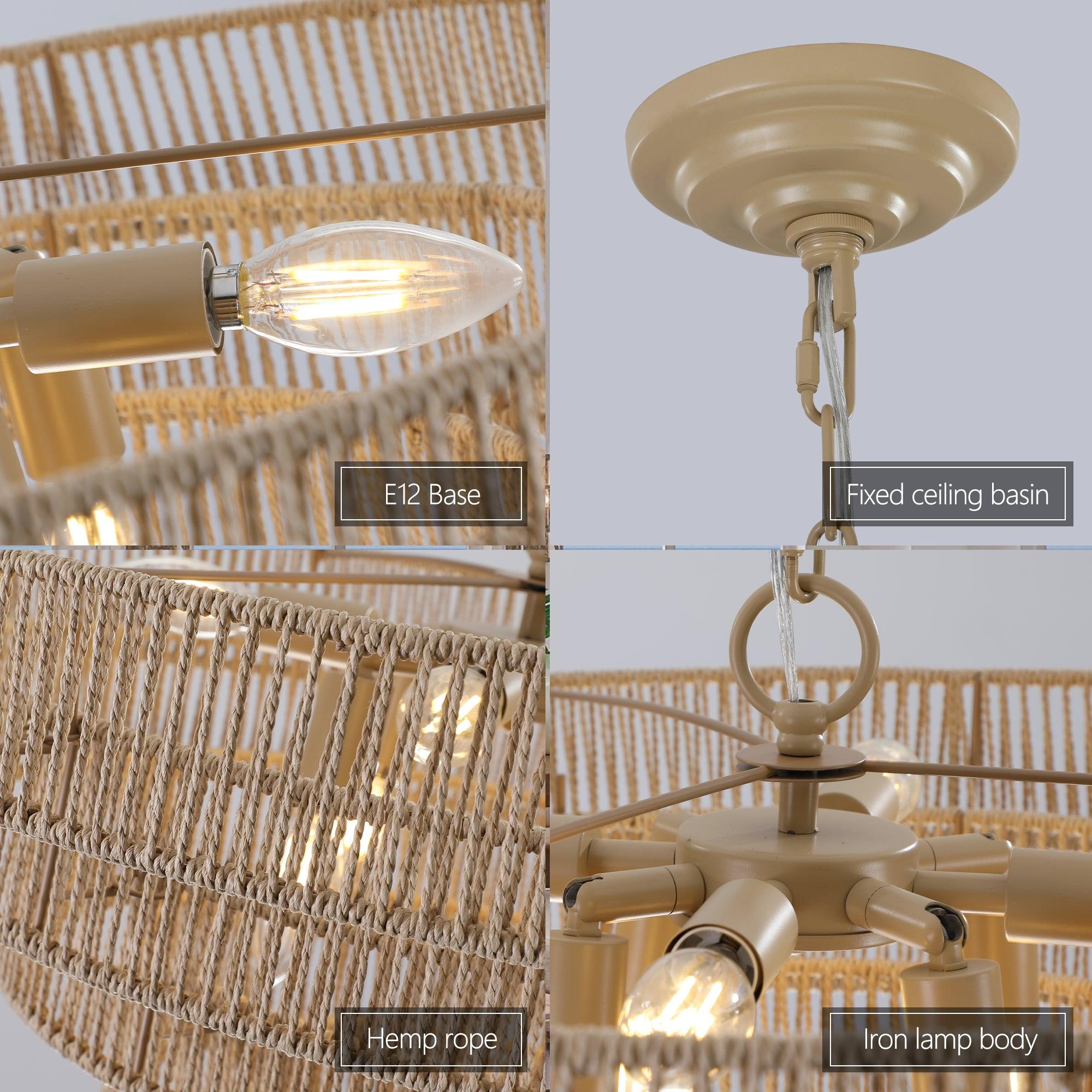 Bohemian Style 23.6 Inch Woven Rattan Pendant Light - 5 Tier Natural Wood Chandelier for Dining Room, Bedroom & Boho Home Decor