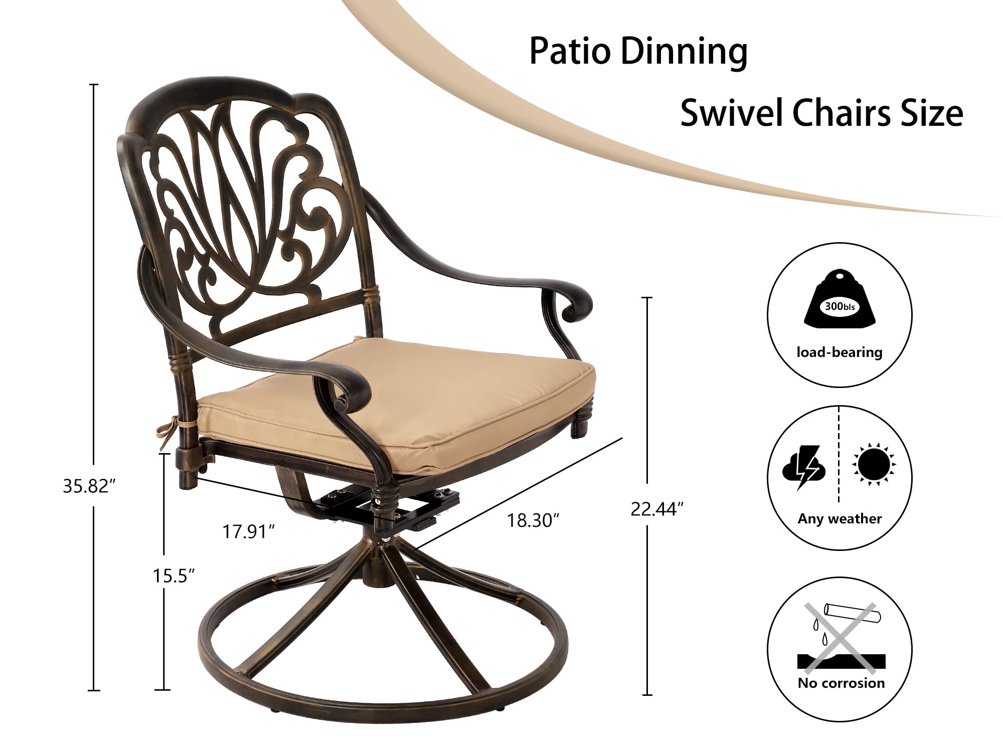 Grepatio 2-Piece Swivel Patio Dining Chairs Set with Cushions - Outdoor Cast Aluminum Garden Chairs for Backyard, Lawn & Deck - Comfortable Swivel Rocker Chairs with Khaki Cushions - Perfect for Outdoor Dining, Lounging & Entertaining