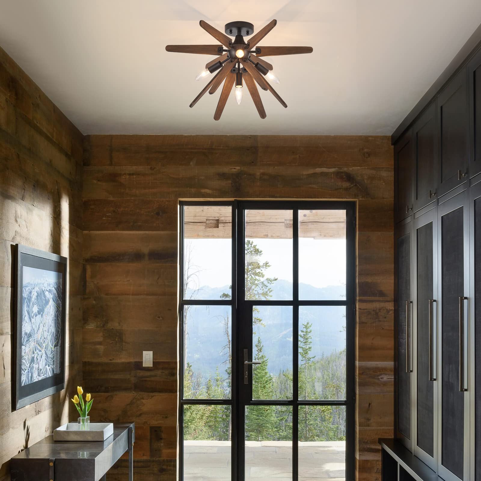 **4-Light Sputnik Semi Flush Mount Ceiling Light Fixture - Black & Wood Farmhouse Style for Hallway, Kitchen, Entryway, Laundry, Nursery, Bedroom - Perfect for Rustic & Modern Home Decor**
