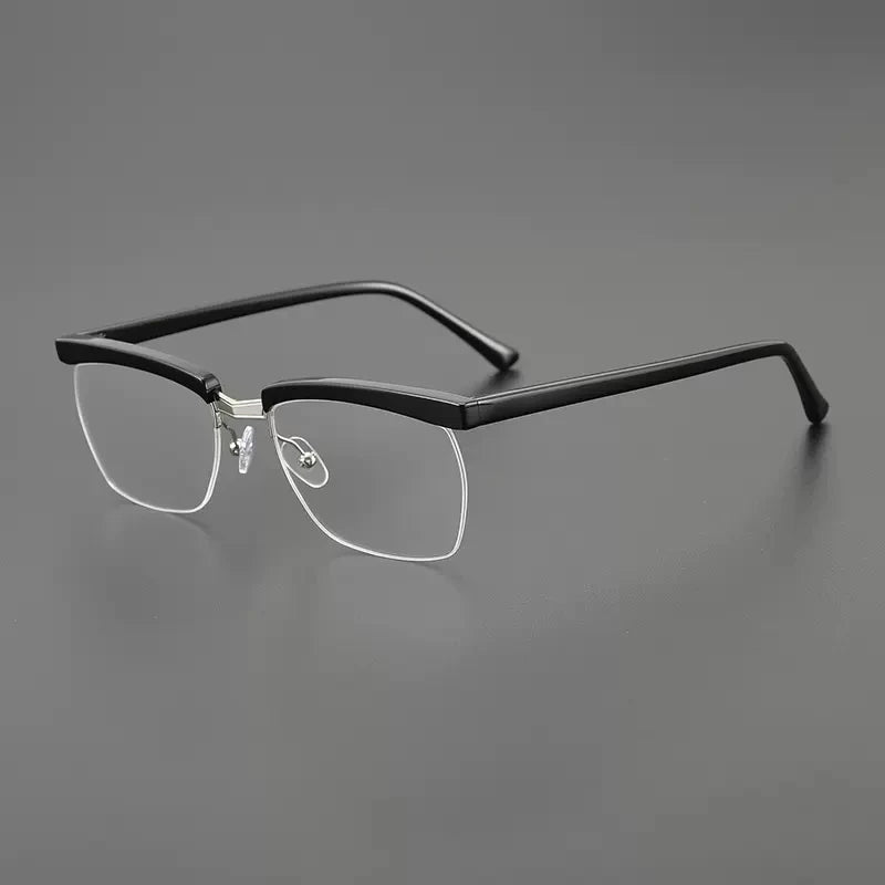 Stylish Black Acetate Semi-Rimmed Square Eyeglasses for Men - Trendy Brow Line Design TH001 | Perfect for Work, Reading & Fashion Accessories