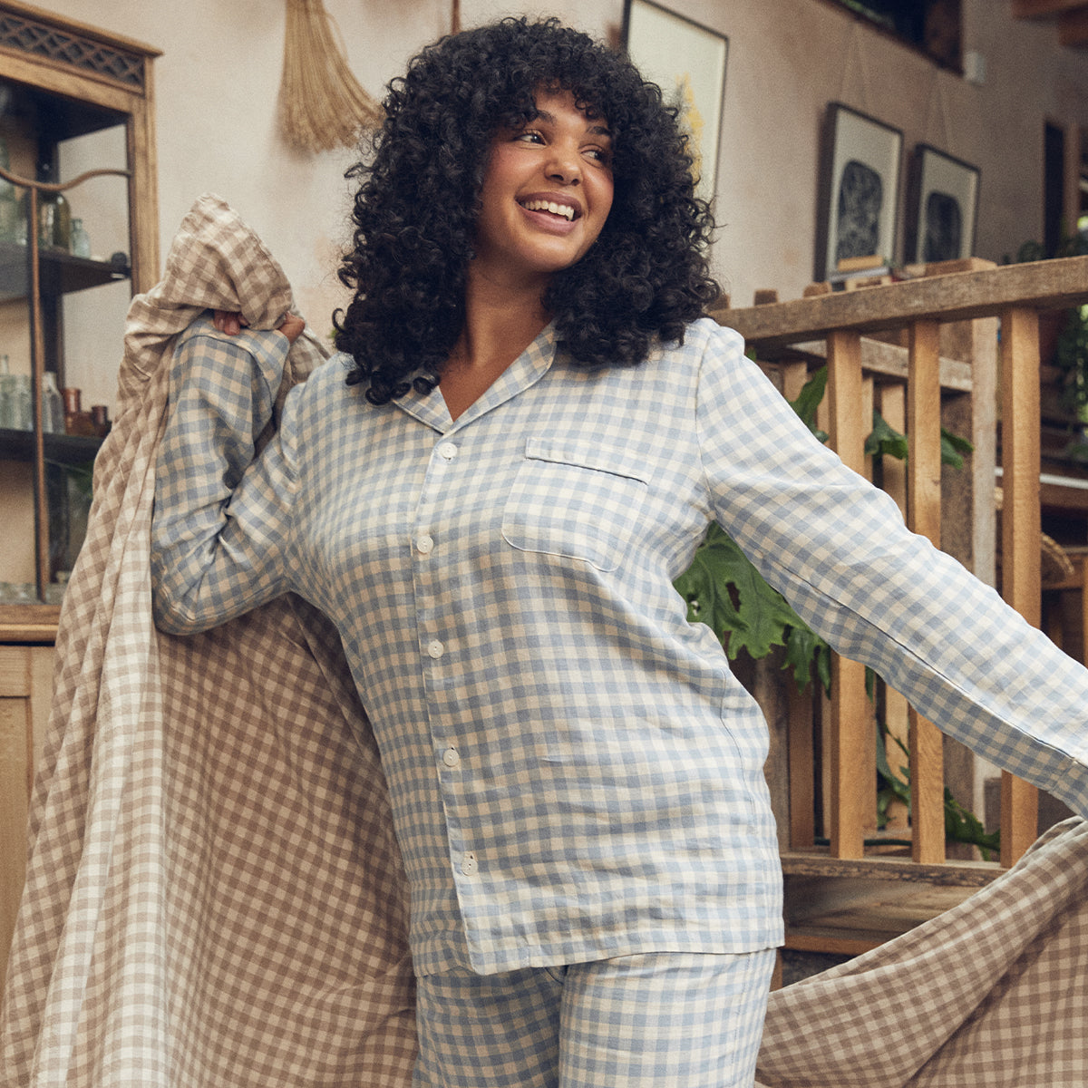 Cozy Blue Gingham Linen Pajama Top for Women - Soft Sleep Shirt with Button Front - Perfect for Lounging, Sleepovers & Relaxing at Home