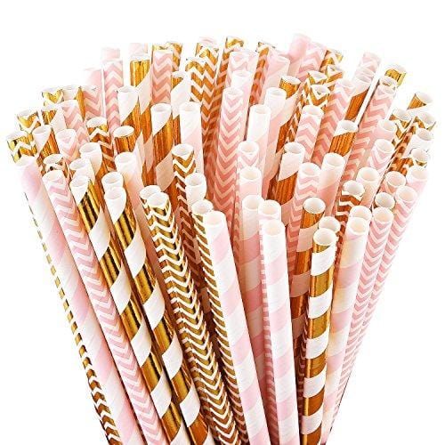 Eco-Friendly ALINK Biodegradable Paper Straws - 100 Pink & Gold Straws for Parties, Weddings, Baby Showers | Sustainable Drinkware for Birthday Celebrations, Bridal Events & Holiday Decorations
