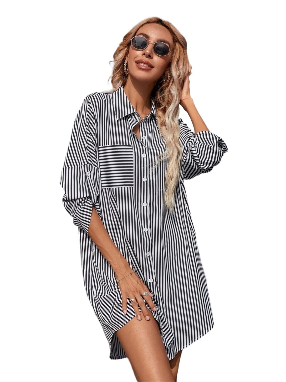 Women's Summer Short Sleeve Striped Shirt Dress - Sexy Roll Up Sleeve Casual Mini Dress for Beach, Party & Vacation Outfits