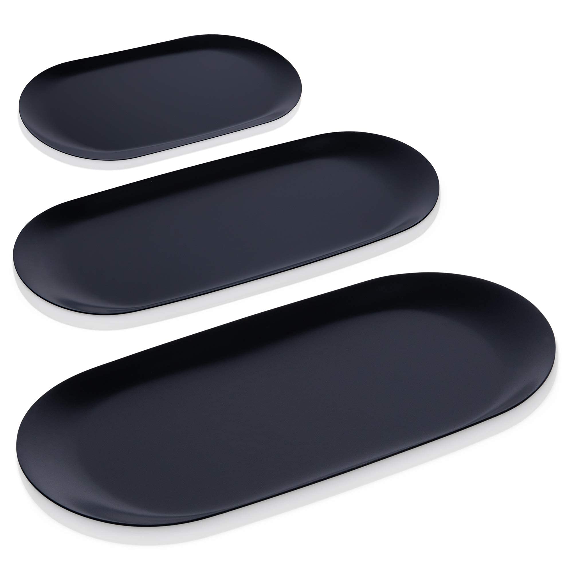 3-Piece Black Stainless Steel Organizer Trays Set - Modern Vanity Storage for Jewelry, Candles, Towels & Accessories - Durable Home & Office Decor (Small, Medium, Large) - Perfect for Bathroom Countertops, Dresser Tops & Nightstand Organization