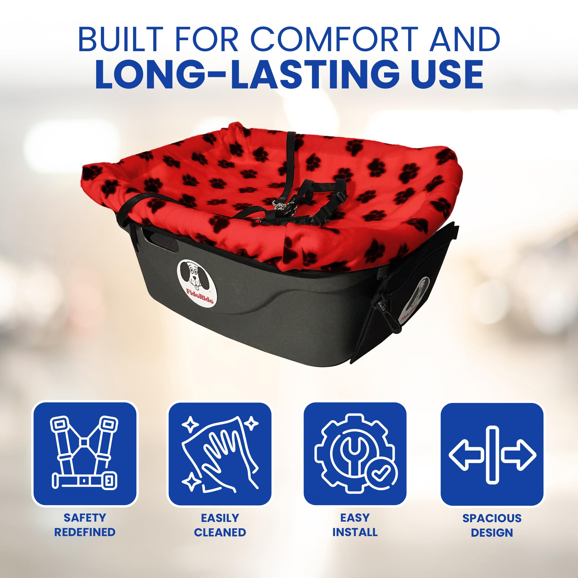 Dog Car Seat for Small to Large Dogs - Comfortable Pet Booster Seat with Sherpa Cover & Safety Straps | Easy Installation for Travel | Red & Black Paw Prints Design | Perfect for Road Trips, Vet Visits & Daily Commutes