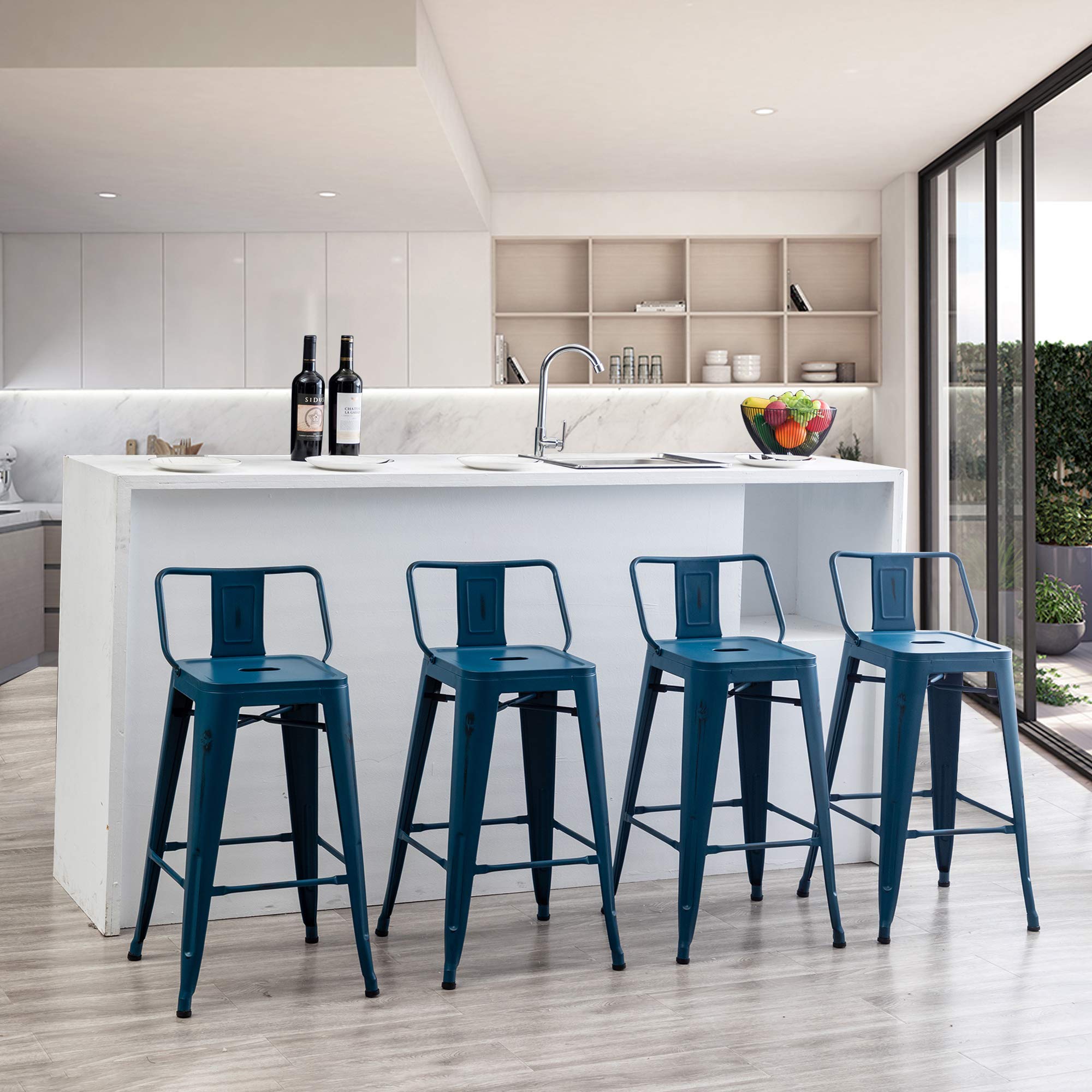 AKLAUS Industrial Metal Bar Stools Set of 4 - 30 Inch Bar Height Stools with Back, Distressed Navy Blue - Modern Kitchen & Dining Chairs for Indoor/Outdoor Use - Perfect for Home Bars, Kitchen Islands & Patio Decor