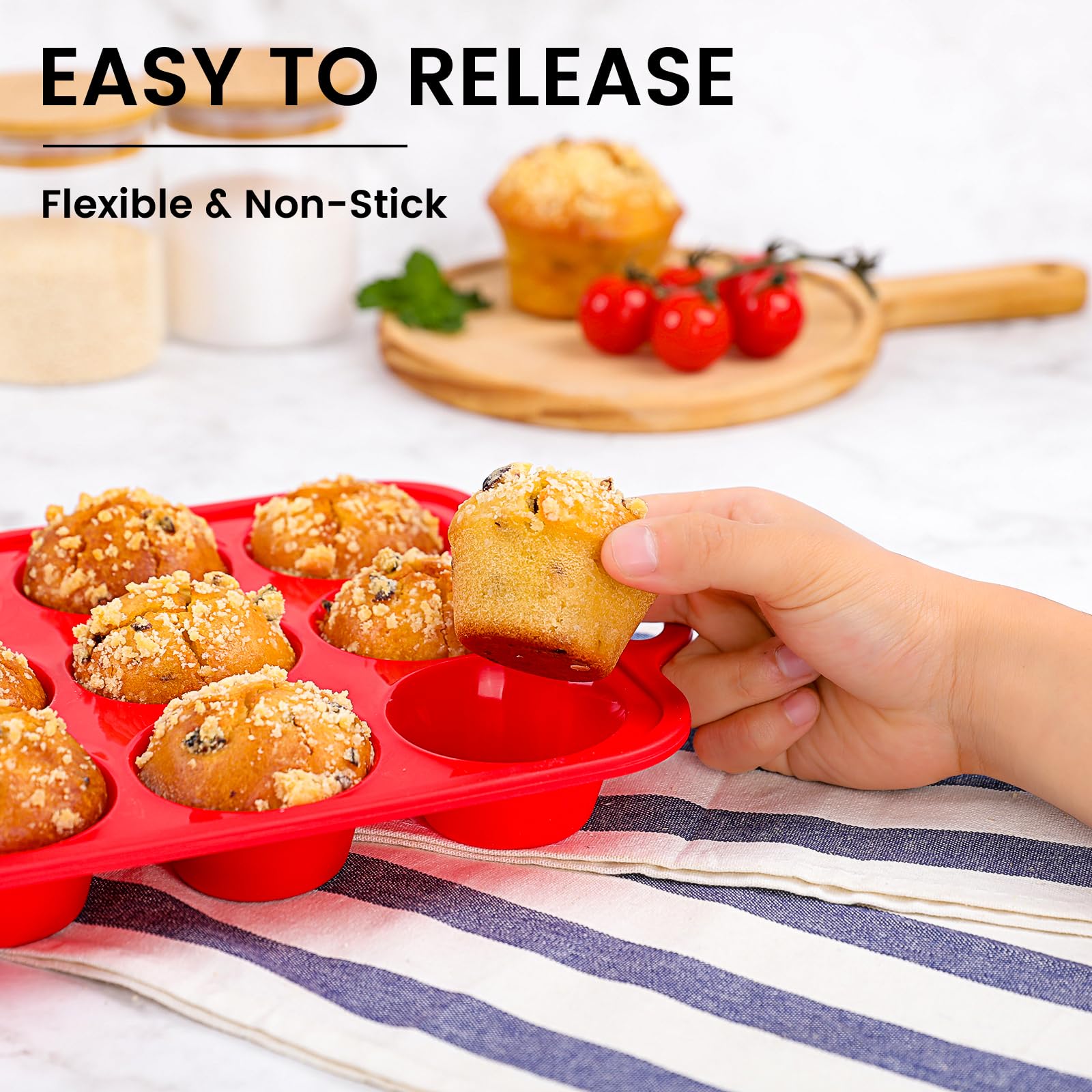 2-Pack Non-Toxic BPA-Free Silicone Muffin Pan with Metal Reinforced Frame - 12 Cup Regular Size Cupcake Baking Pan for Oven & Dishwasher Safe - Perfect for Home Baking, Party Treats & Holiday Desserts (Red)