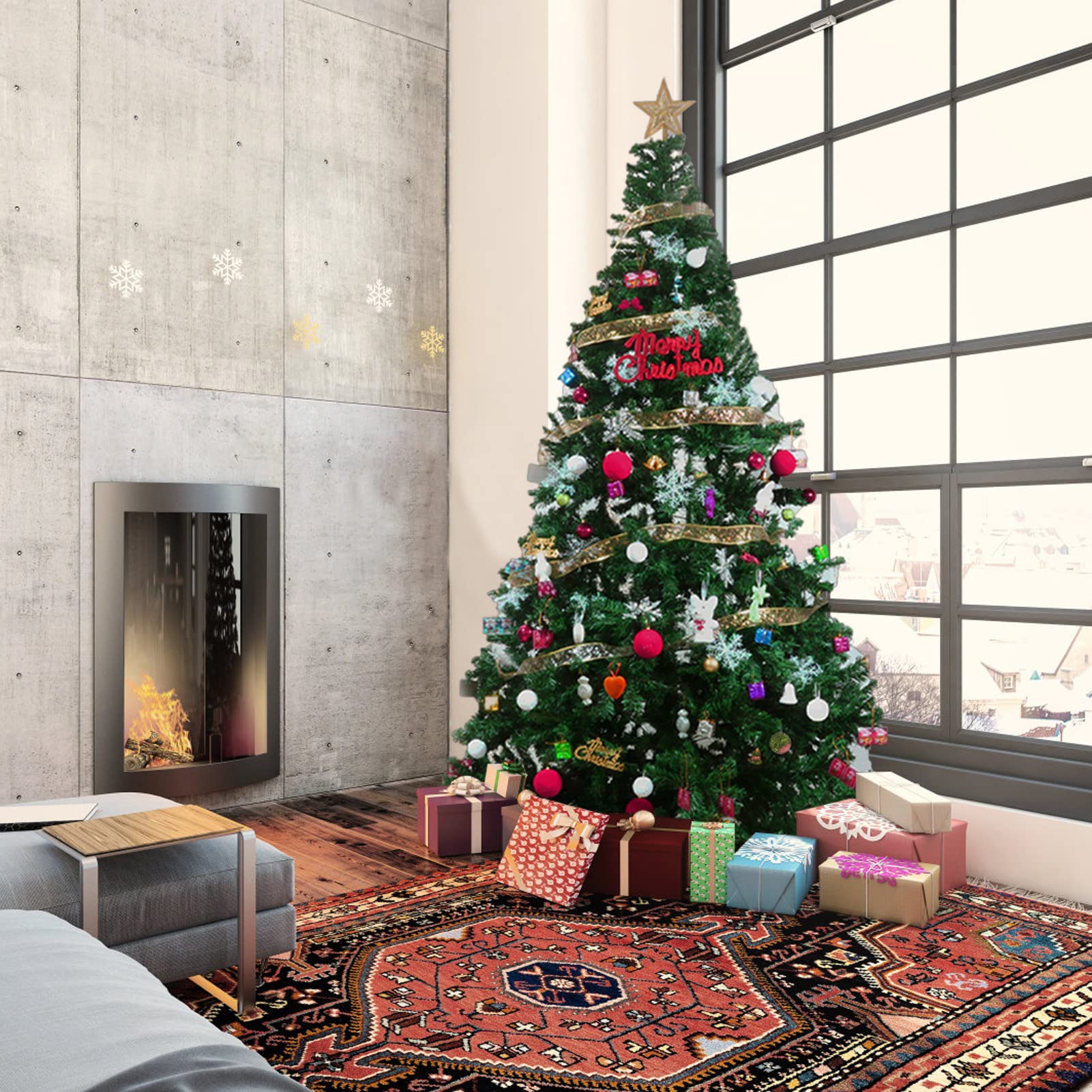 BDL 7FT Premium Artificial Christmas Tree - Green Hinged Pine with Metal Stand & 100 Ornaments (1100 Tips) for Holiday Home Decor, Office Party & Festive Gift