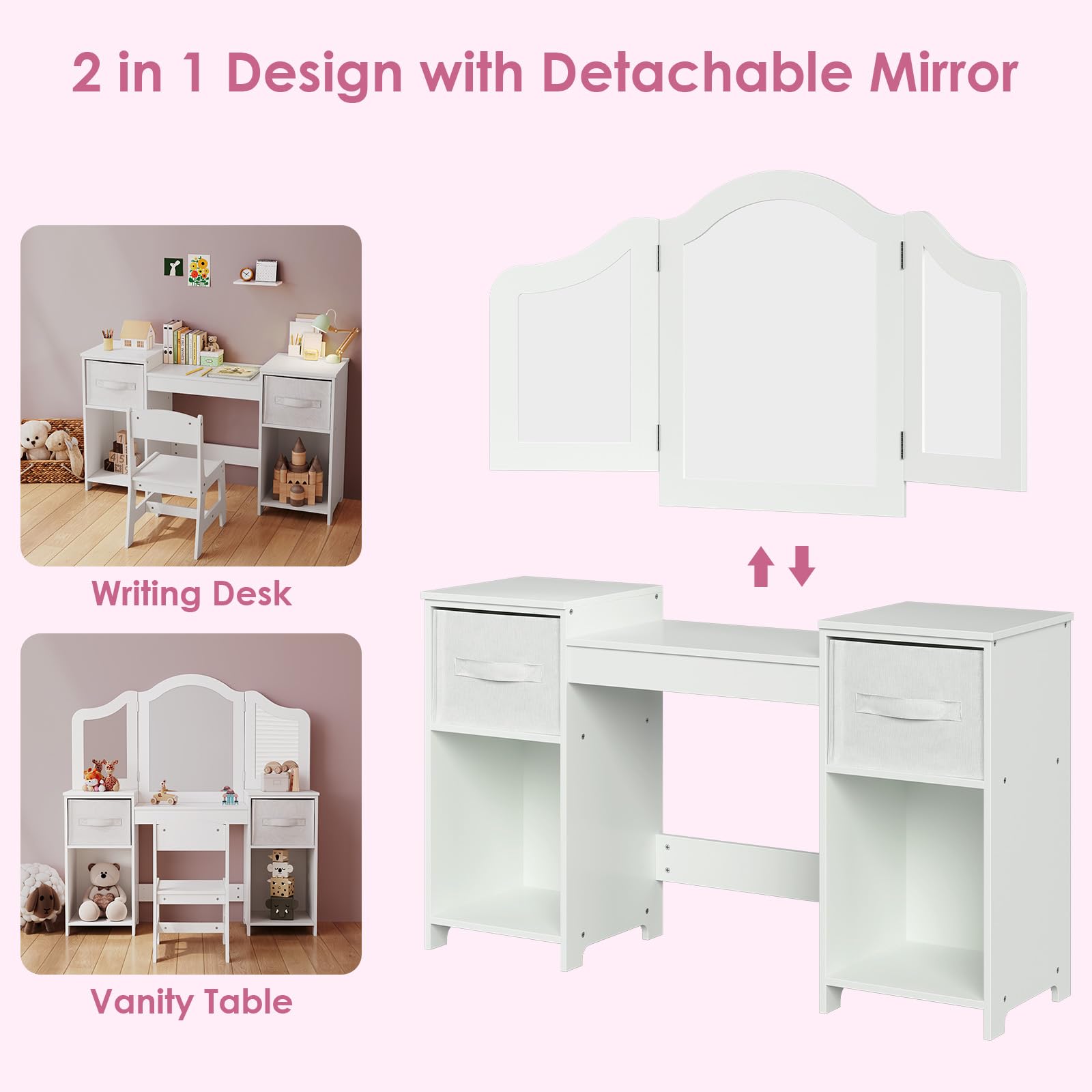Arlopu Kids Vanity Set - Wooden Princess Dressing Table with Tri-Folding Mirror, Stool & Canvas Drawer for Little Girls (White) | Perfect for Pretend Play, Birthday Gifts & Bedroom Decor