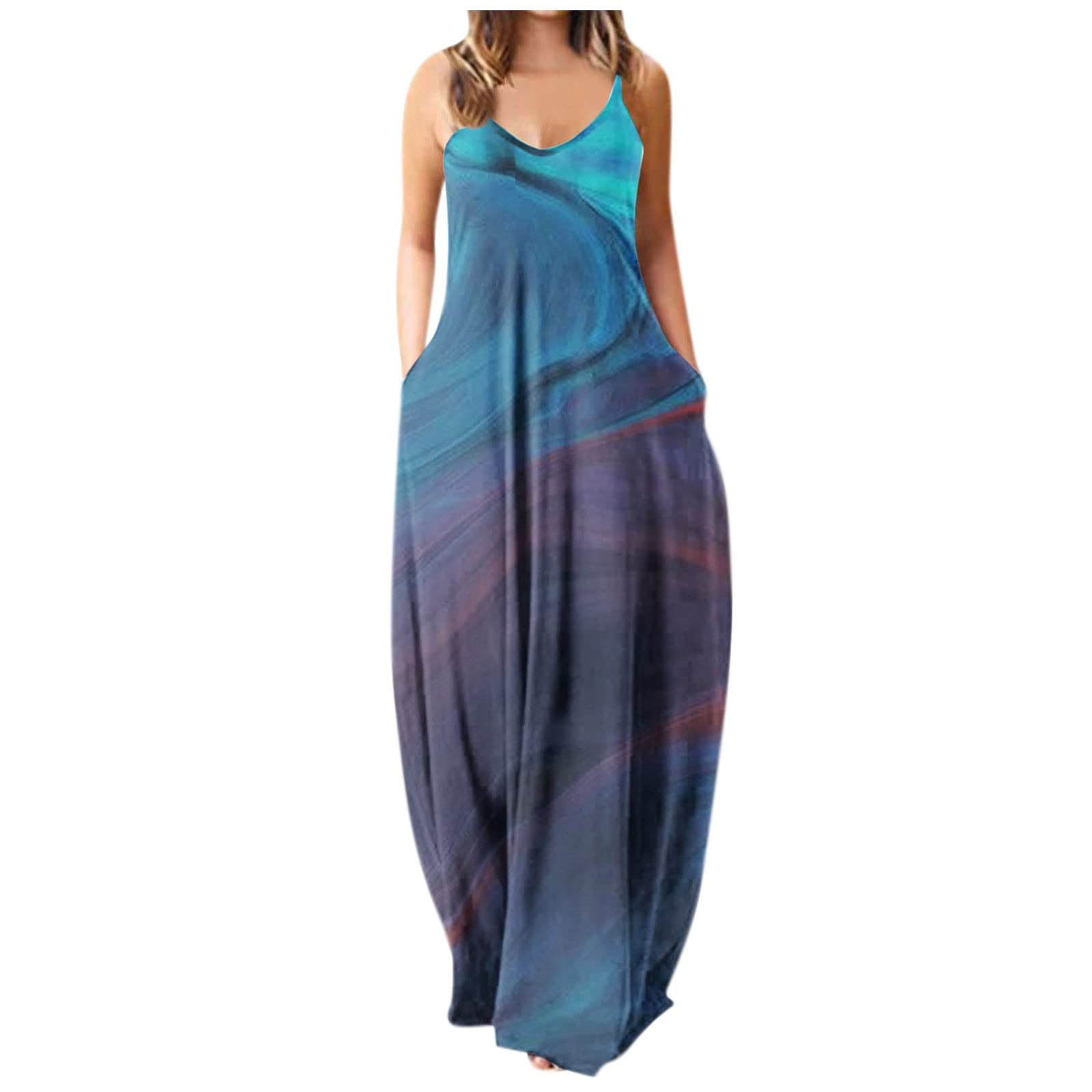 Women's Long Summer Dresses - Floral Print V-Neck Spaghetti Strap Sleeveless Maxi Dress for Casual Wear, Beach Vacation & Evening Outfits