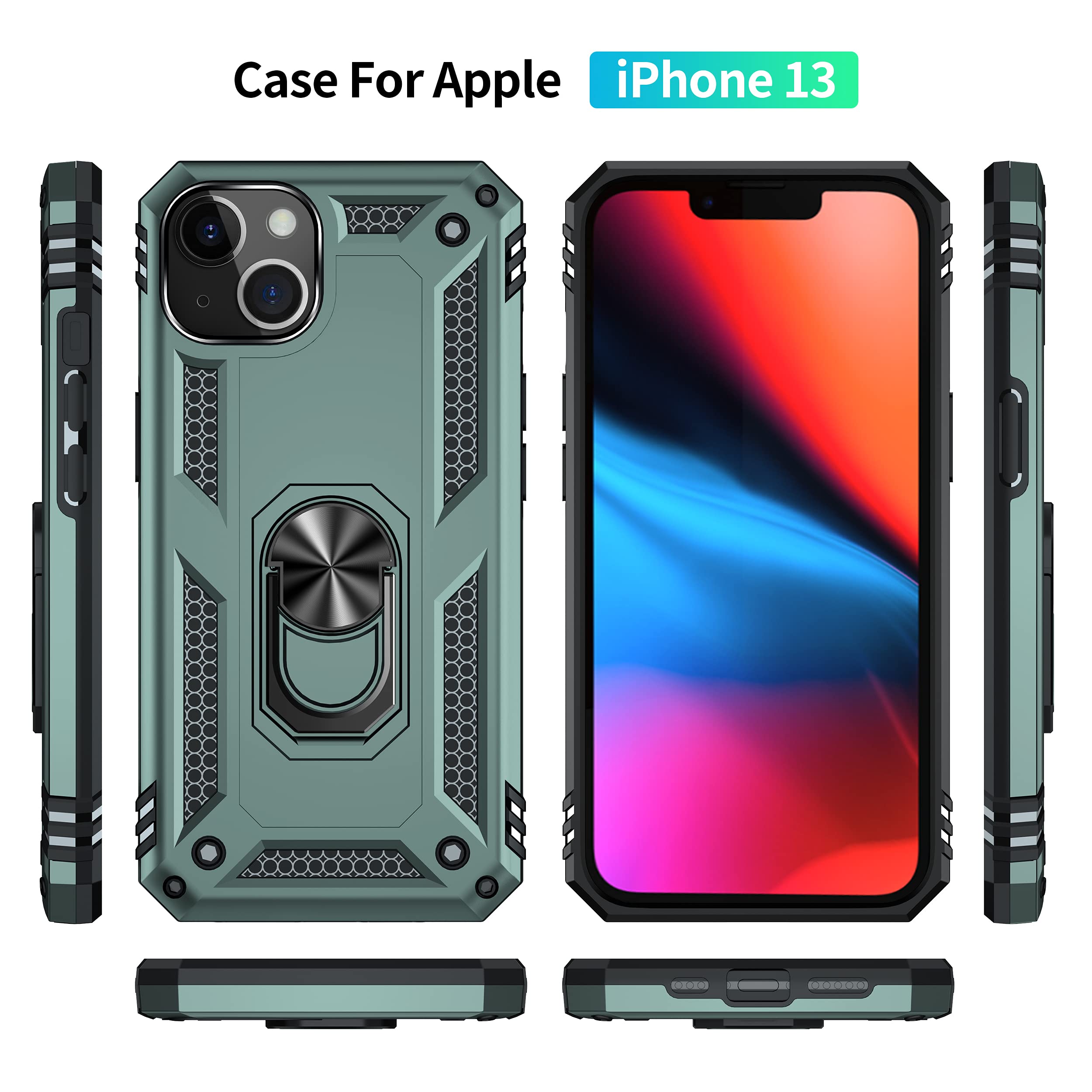 **Korecase Heavy Duty Rugged iPhone 13 Case - Shockproof, Scratch Resistant, Full Body Protection with Built-in 360° Ring Kickstand & Military-Grade Hard Cover (Green) - Perfect for Outdoor, Work, and Daily Use**