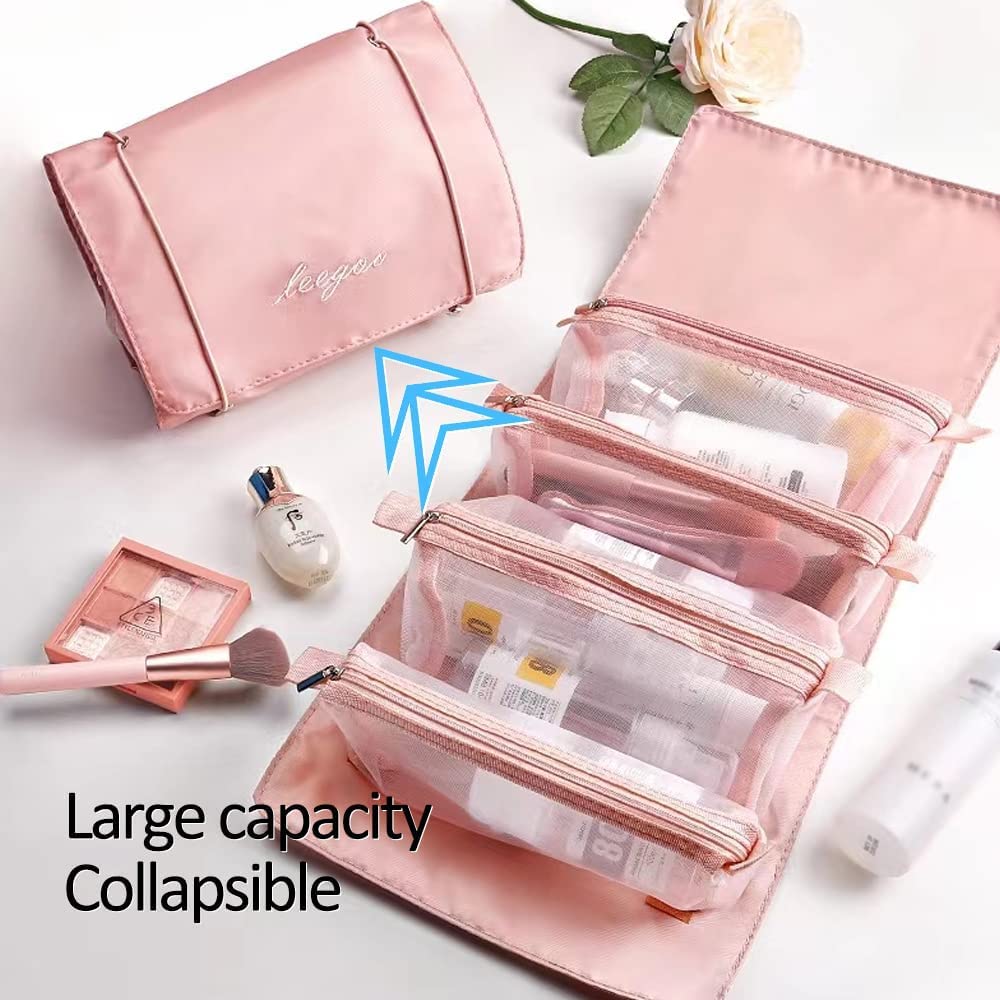 DD Retails 4-in-1 Foldable Hanging Roll Up Makeup Toiletry Bag | Waterproof Travel Cosmetic Organizer for Women | Portable Makeup Storage Pouch | Perfect for Vacation, Gym & Business Trips (1 Pack)