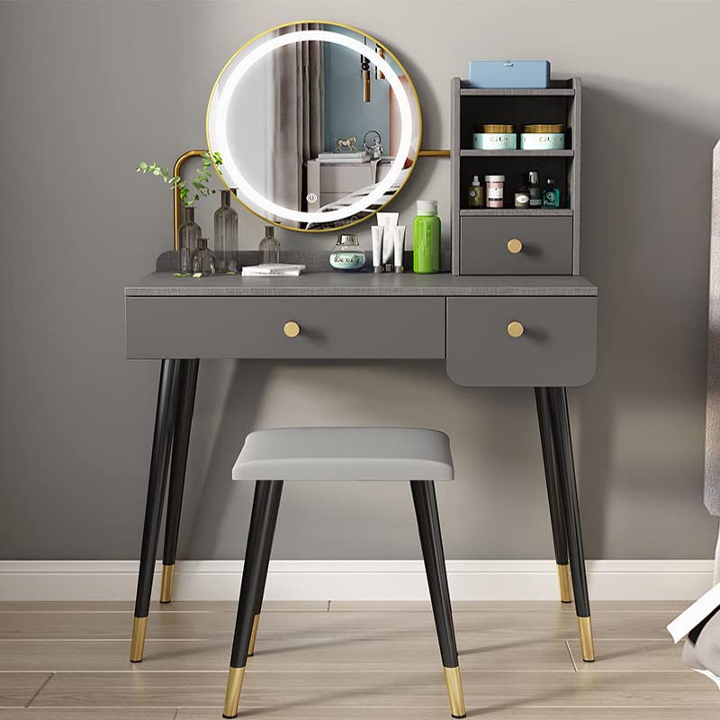 Redsun Vanity Set with Mirror - Makeup Vanity Desk with 3-Color Dimmable LED Lights & Adjustable Brightness, Dressing Table with 3 Drawers & Cushion Stool for Women (V-6013) - Perfect for Bedroom, Dorm, or Beauty Salon Makeup Organization