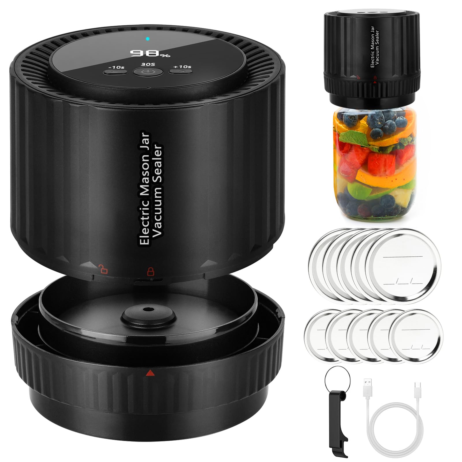 Electric Mason Jar Vacuum Sealer Kit - Wide & Regular Mouth Compatible Food Storage System with LED Countdown Display - Perfect for Canning, Meal Prep & Long-Term Food Preservation