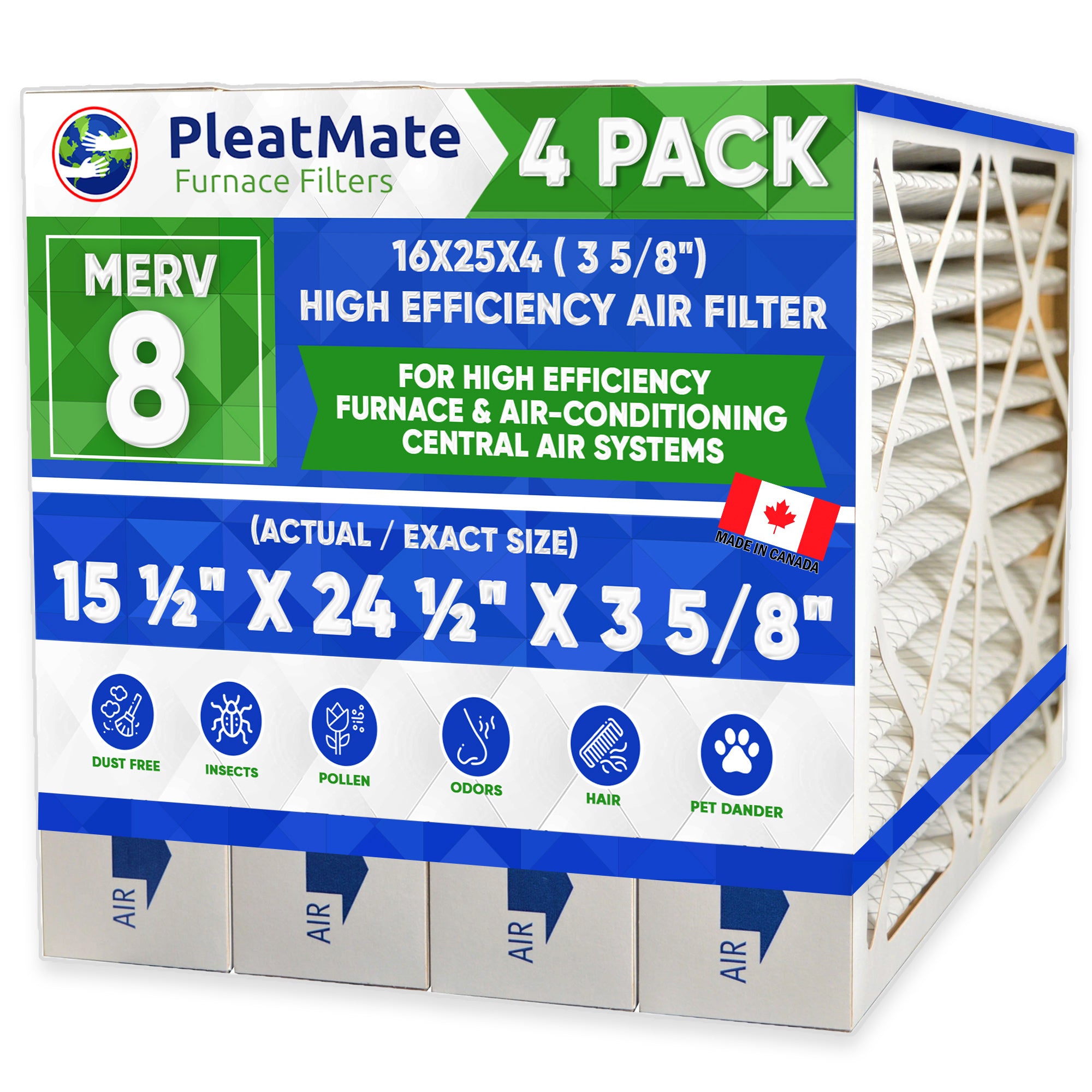 16x25x4 MERV 8 Air Filter - 15 3/8 x 24 3/8 x 3 5/8 Actual Size - 3M Filtrete Replacement HVAC Filters (4-Pack) - Perfect for Furnace, AC & Home Air Purification Systems