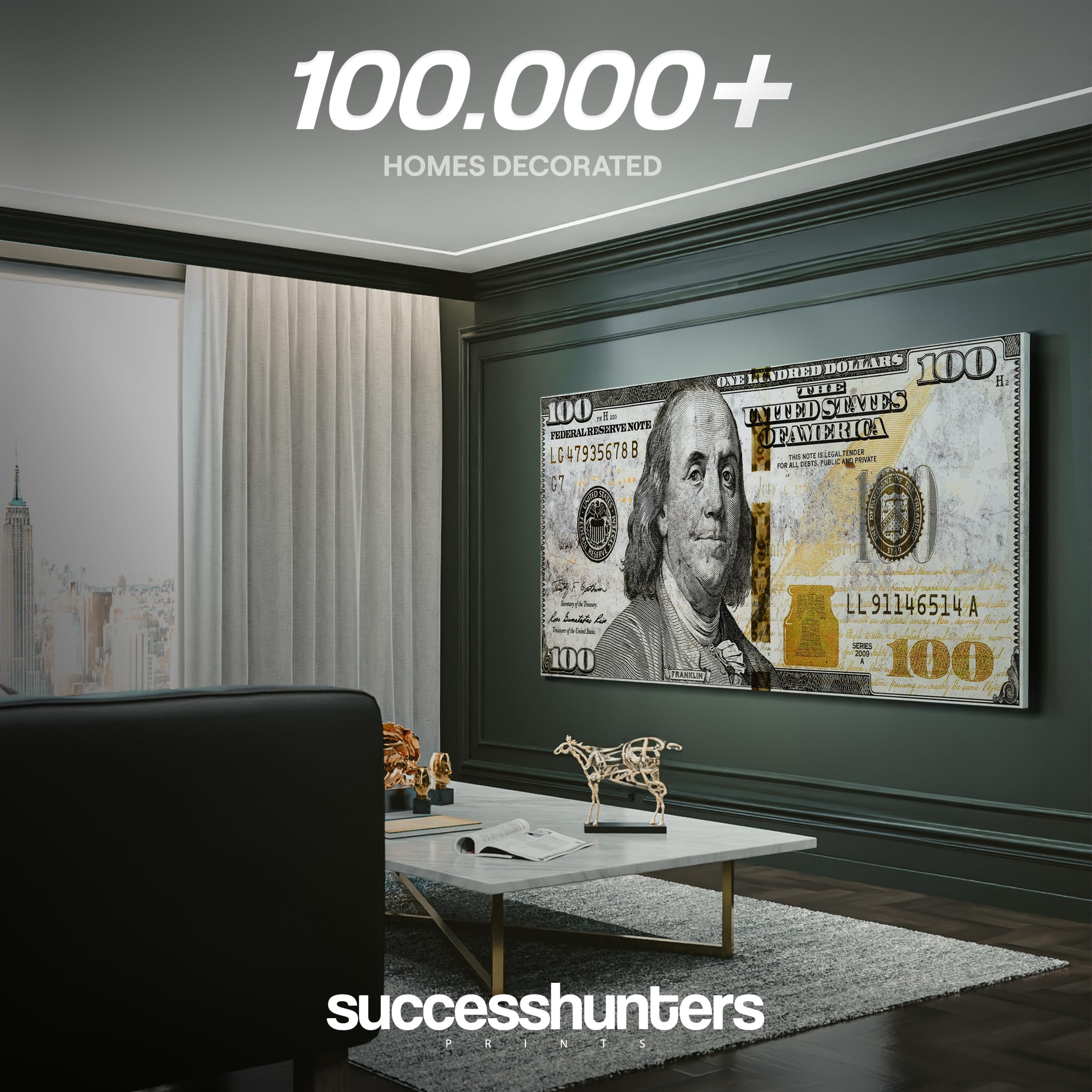 Golden 100 Dollar Bill Wall Art Canvas Print - Office Decor & Money Motivation - Gold Money Artwork, Marble Money Sign (15