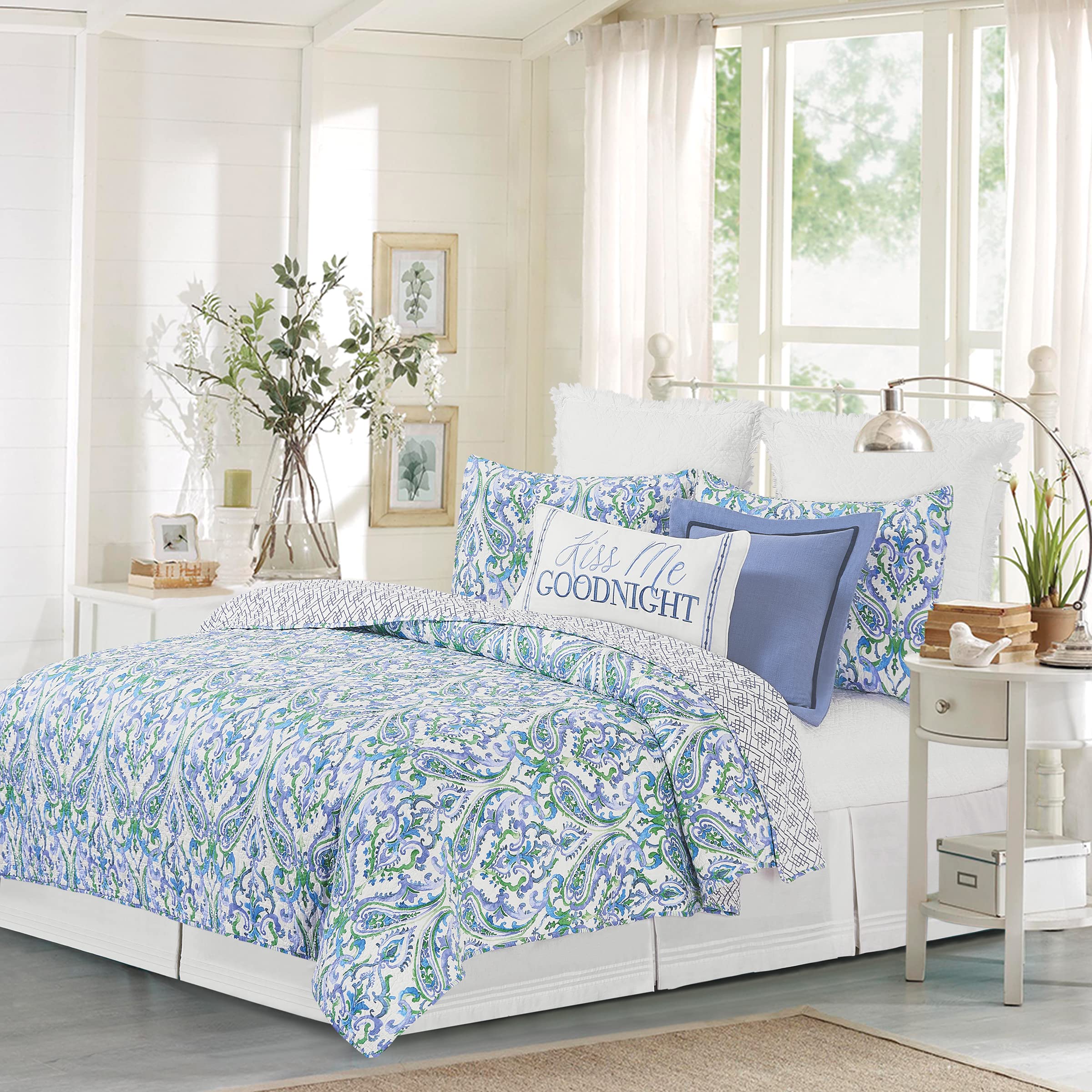C&F Home Juliet Twin 2-Piece Reversible Coverlet Quilt Set - Blue Green White Paisley Pattern & Blue White Trellis Design - Includes 1 Standard Sham | Perfect for Kids' Rooms, Guest Bedrooms & Dorm Decor