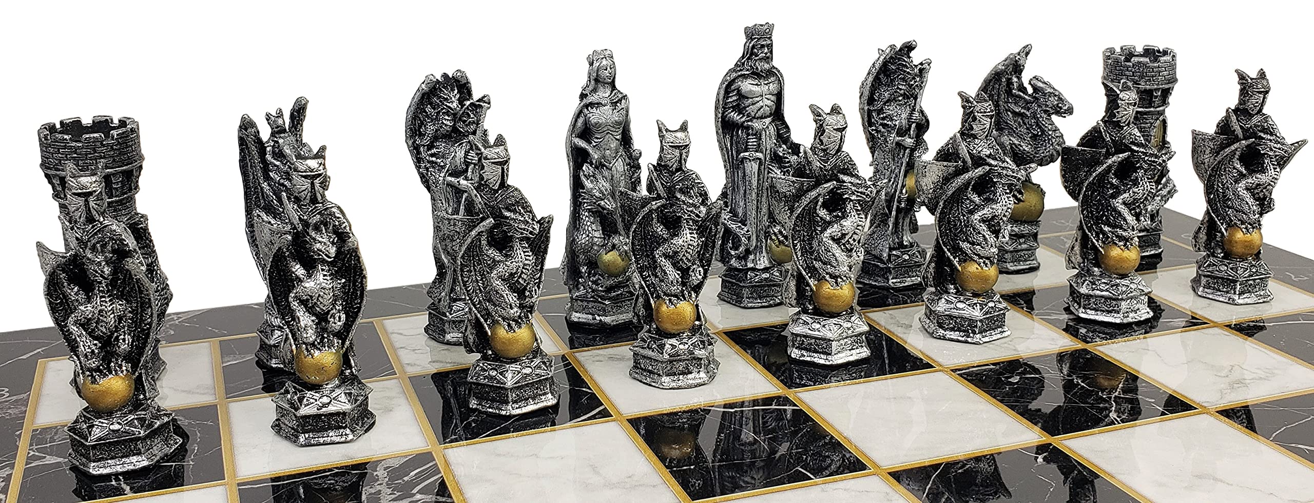 Medieval King Arthur Dragon Chess Set - 17 Inch Black Faux Marble Board | Collectible Fantasy Chess Game for Home Decor, Gift & Game Night
