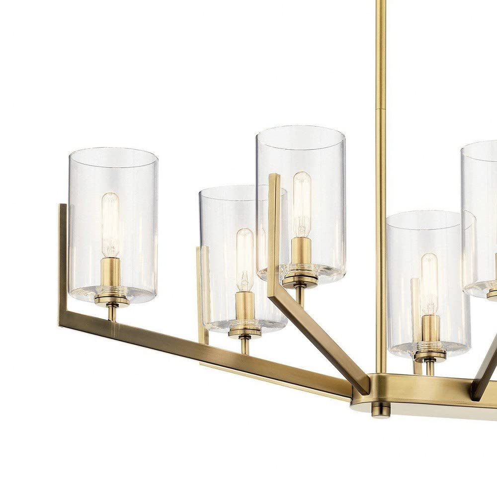 8-Light Modern Square Tube Chandelier with Clear Glass Shades - Brushed Natural Brass Finish - Perfect for Dining Room, Living Room or Bedroom Lighting