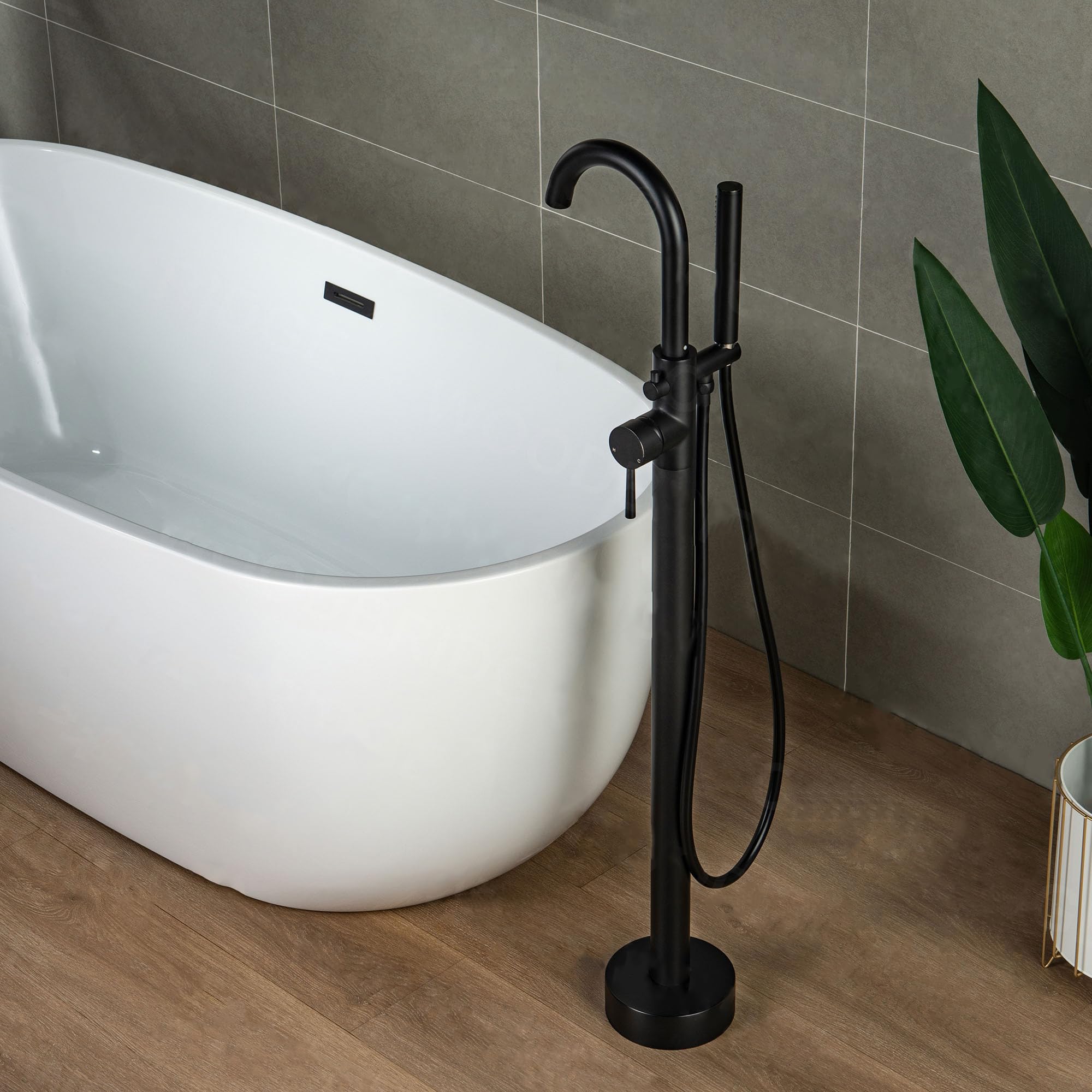 WOODBRIDGE F0006BL Matte Black Freestanding Tub Filler Faucet with Hand Shower - Contemporary Single Handle Floor Mount Bathtub Faucet for Modern Bathroom & Spa Relaxation