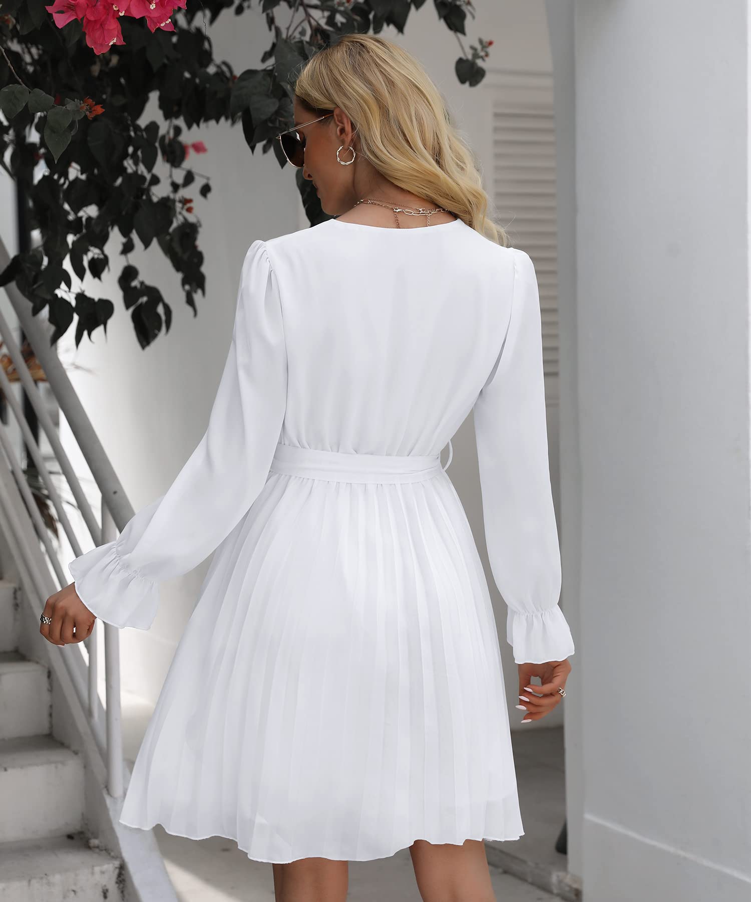 Elegant Women's Long Sleeve V-Neck Ruffle Lantern Sleeve Pleated Mini Dress with Belt - Wedding Guest Dress, Cocktail Party Outfit & Special Occasion Dress - Perfect for Date Nights, Holiday Parties, Formal Events, Bridal Showers & Office Celebrations - Great for Evening Galas, Anniversary Dinners, and Spring Weddings