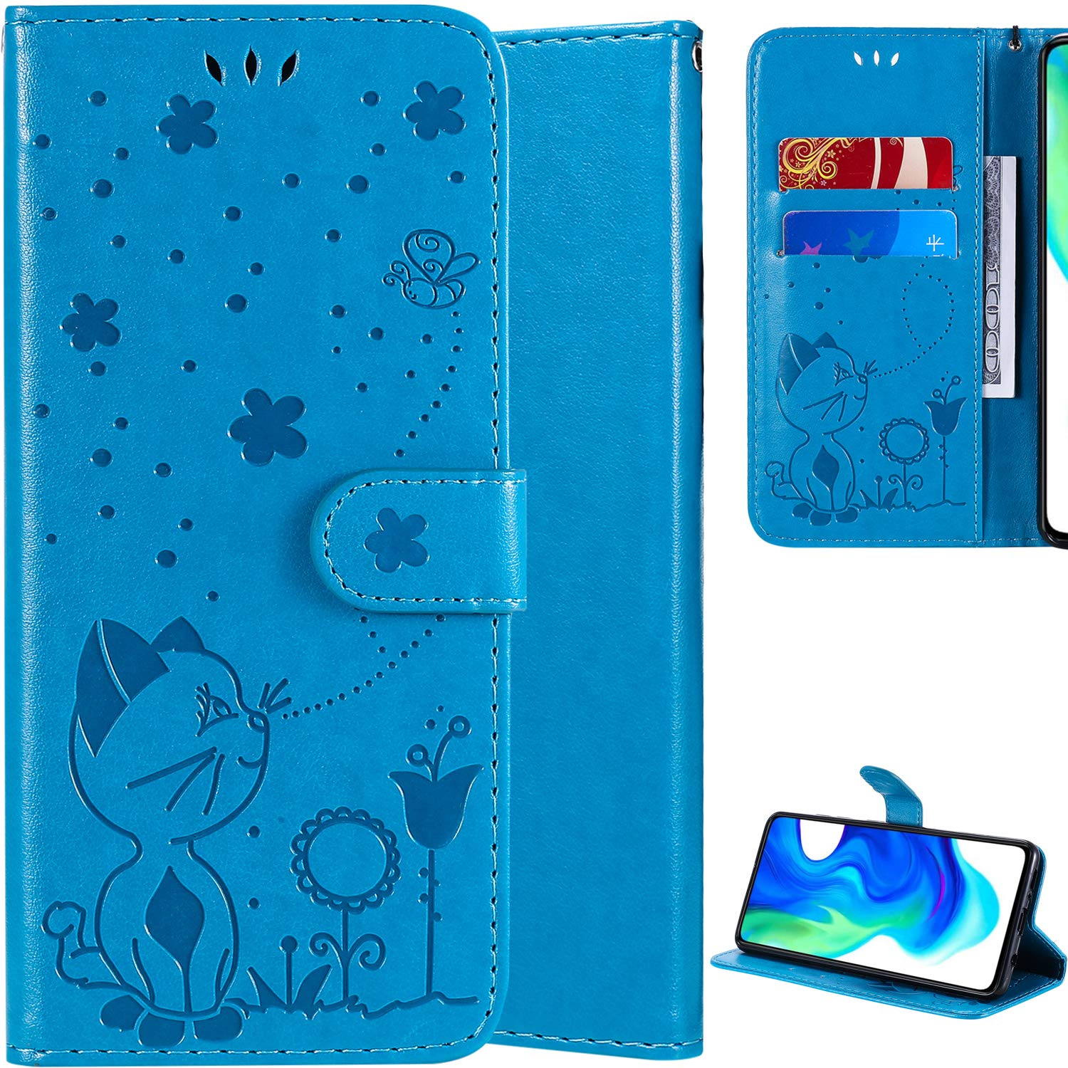 OnePlus Nord N100 5G Case - Cat Pattern PU Leather Flip Wallet Cover with Magnetic Closure, Card Slots & Wrist Strap (Blue) | Perfect for Daily Use, Travel & Hands-Free Viewing