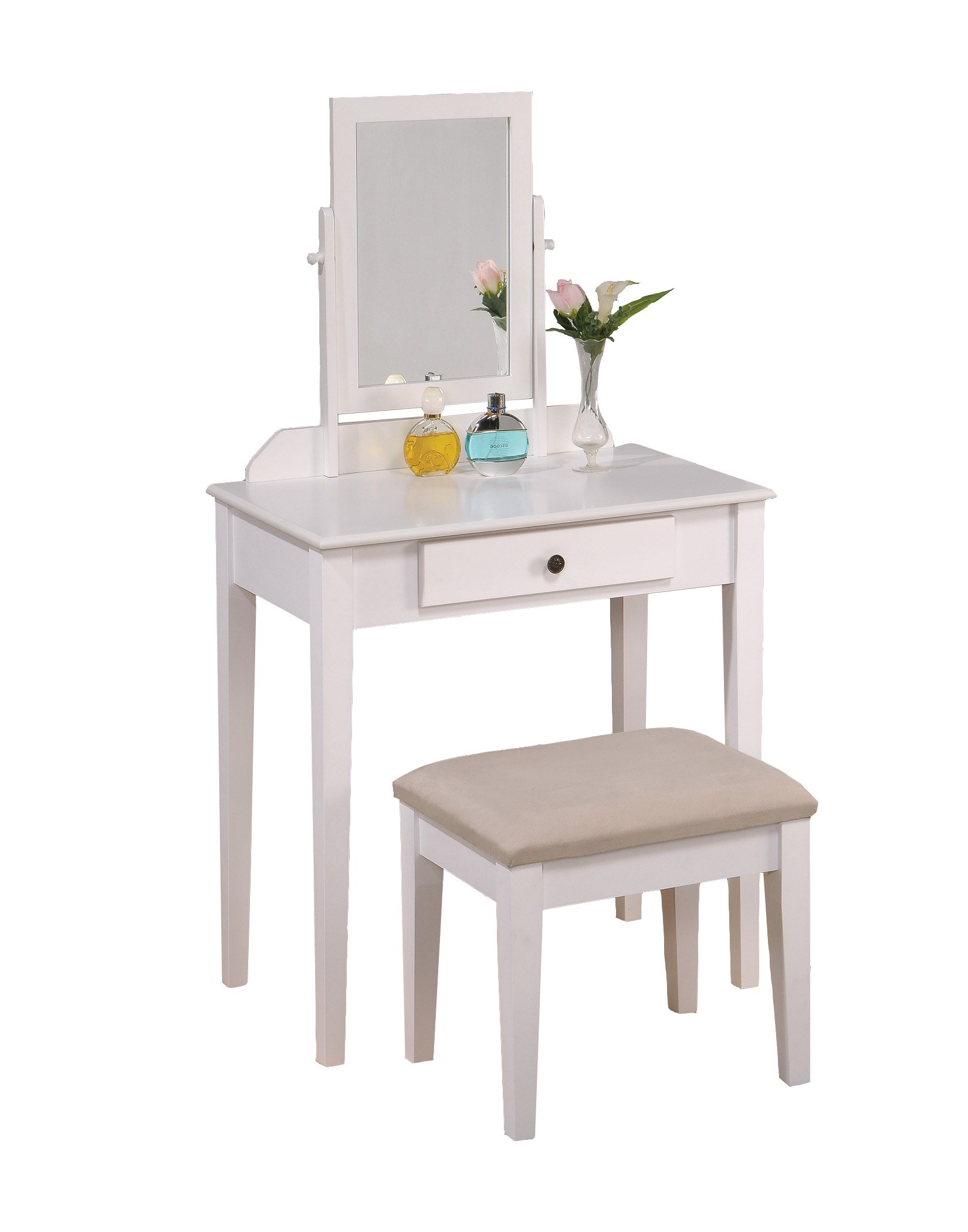 Modern White Wooden Makeup Vanity Set with Mirror & Bench - Roundhill Furniture Contemporary Dressing Table for Bedroom, Bathroom & Boudoir - Perfect for Makeup, Skincare & Hair Styling