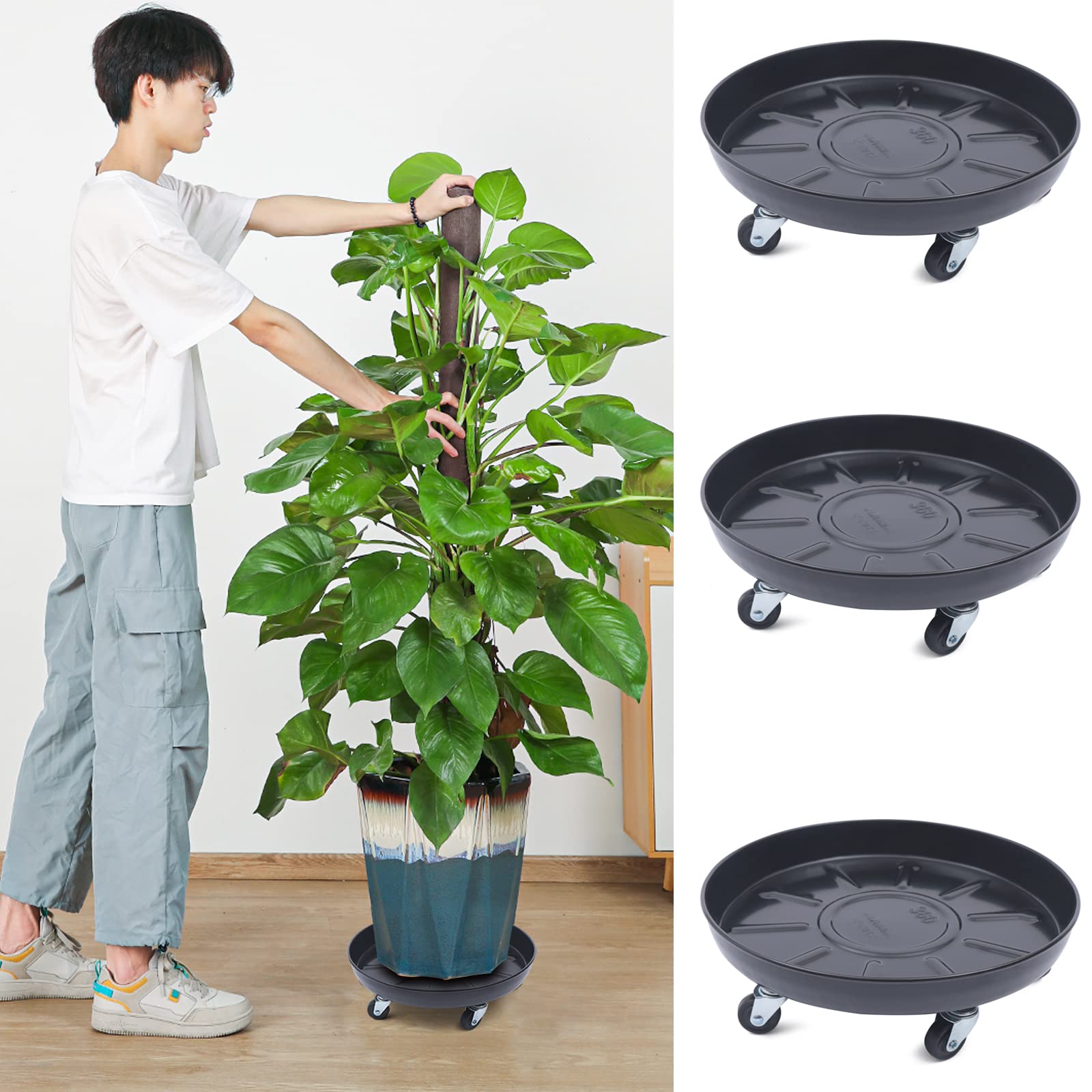 TFCFL 3-Piece 14-Inch Rolling Plant Caddy Set - Heavy Duty Black Plant Stand with Universal Wheels for Indoor/Outdoor Flower Pots | Perfect for Moving Large Plants on Patios, Decks & Greenhouses